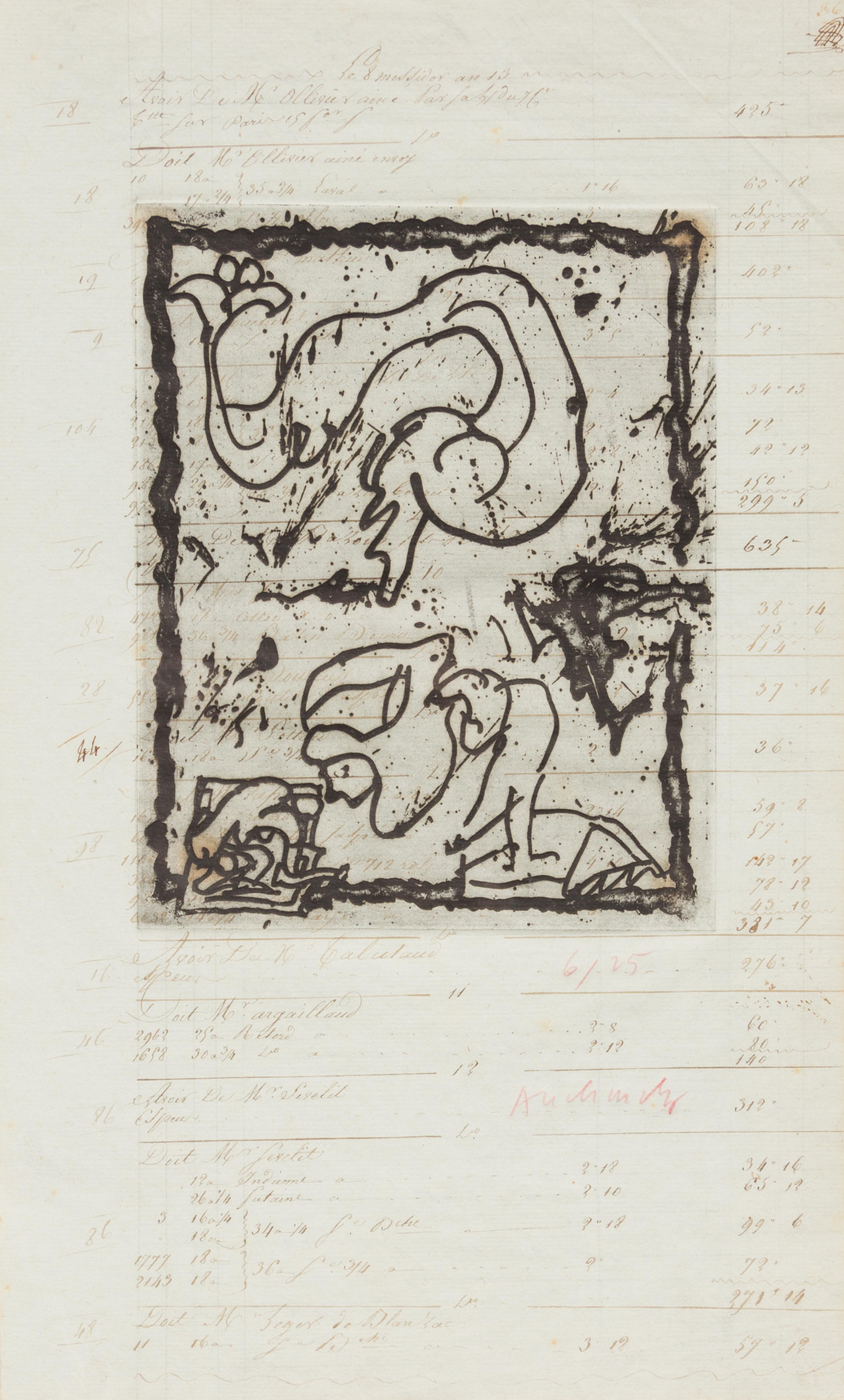 Pierre Alechinsky, (Belgian, b. 1927), Les dimanches du compatble (a group of 3 etchings and 1 drawing)