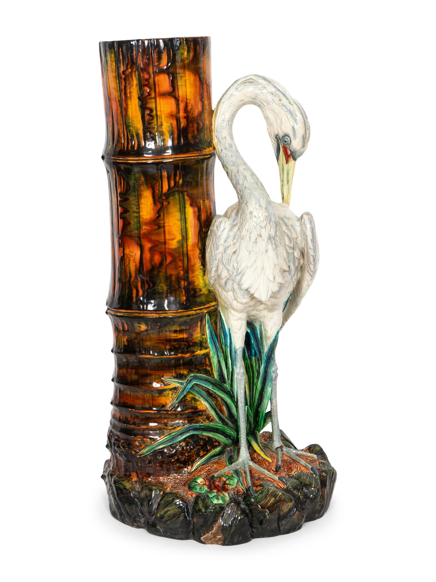 A Rare Victorian Royal Worcester Stork-Form Majolica Umbrella or Cane Stand