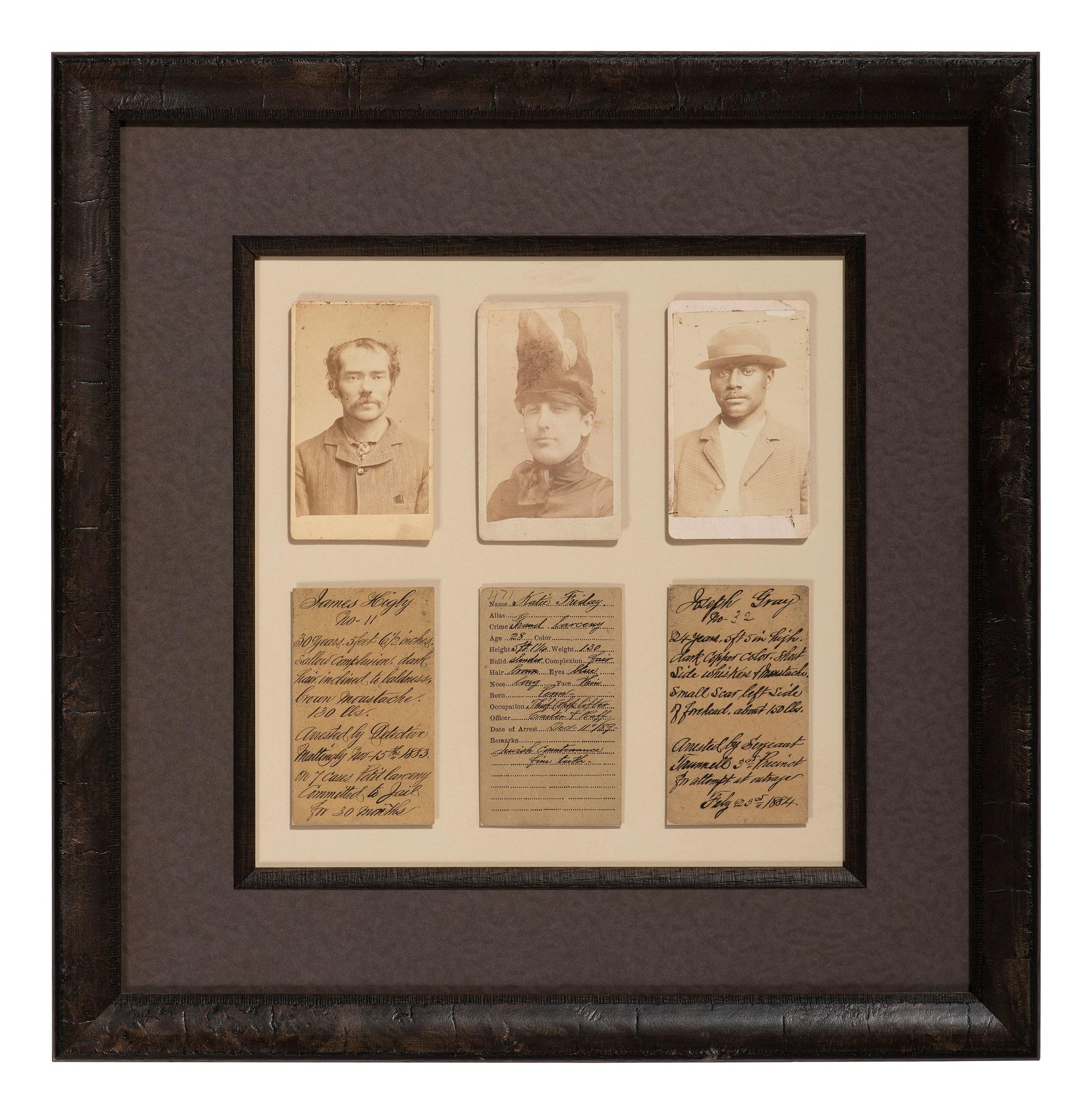 [CRIME & PUNISHMENT]. A group of 3 CDV "mug shots" of identified criminals. Ca 1880s.