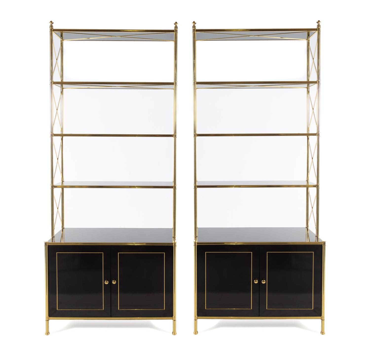 A Pair of Regency Style Brass and Simulated Lacquer Étagères in the Style of Billy Baldwin