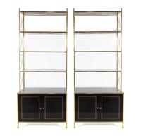A Pair of Regency Style Brass and Simulated Lacquer Étagères in the Style of Billy Baldwin