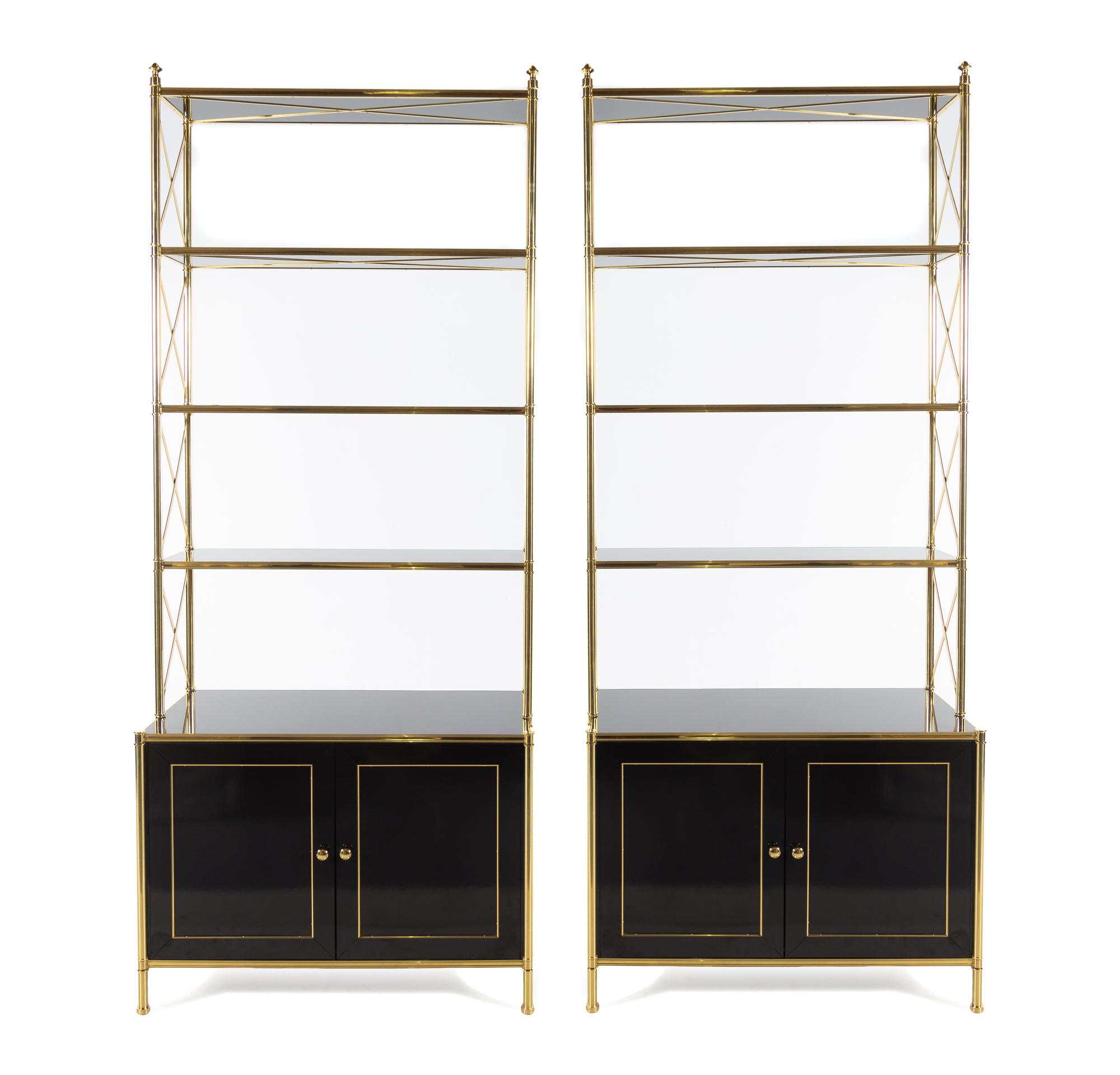 A Pair of Regency Style Brass and Simulated Lacquer Étagères in the Style of Billy Baldwin