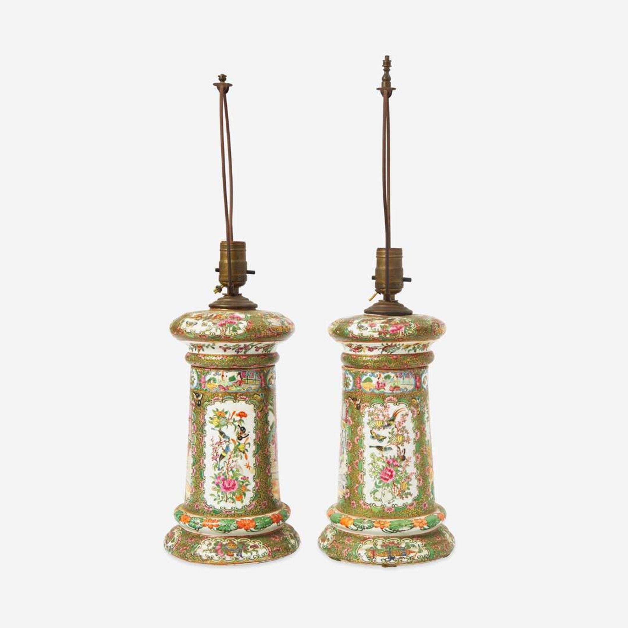 A pair of Chinese Export porcelain Rose Medallion palette jars fitted as lamps 19th century