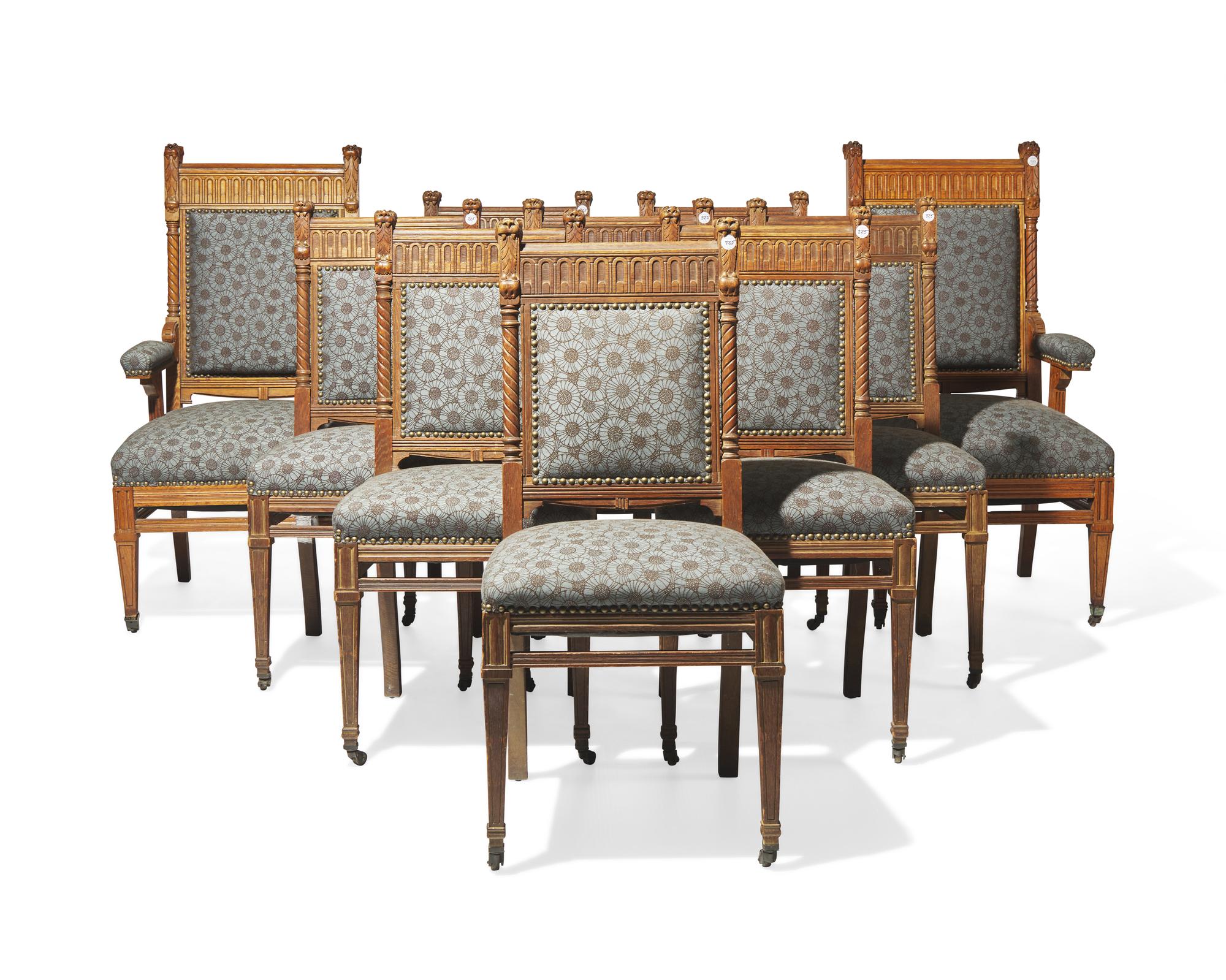 A set of ten Aesthetic Movement carved oak dining chairs, attributed to Herter Brothers (1865-1905), New York, NY, circa 1880