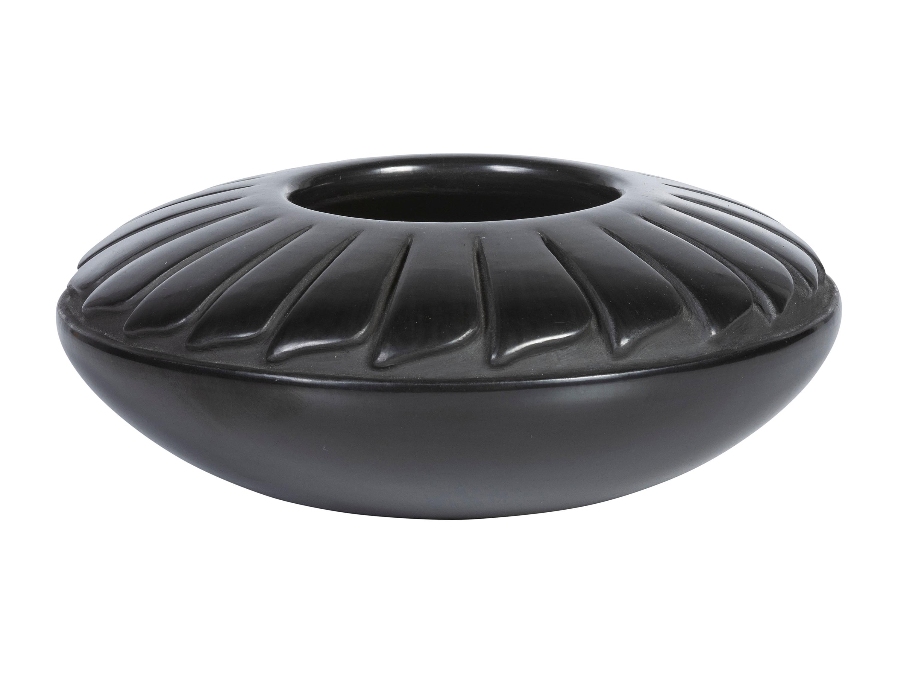 Blackware Pottery Jar, with Repeating Feather Pattern