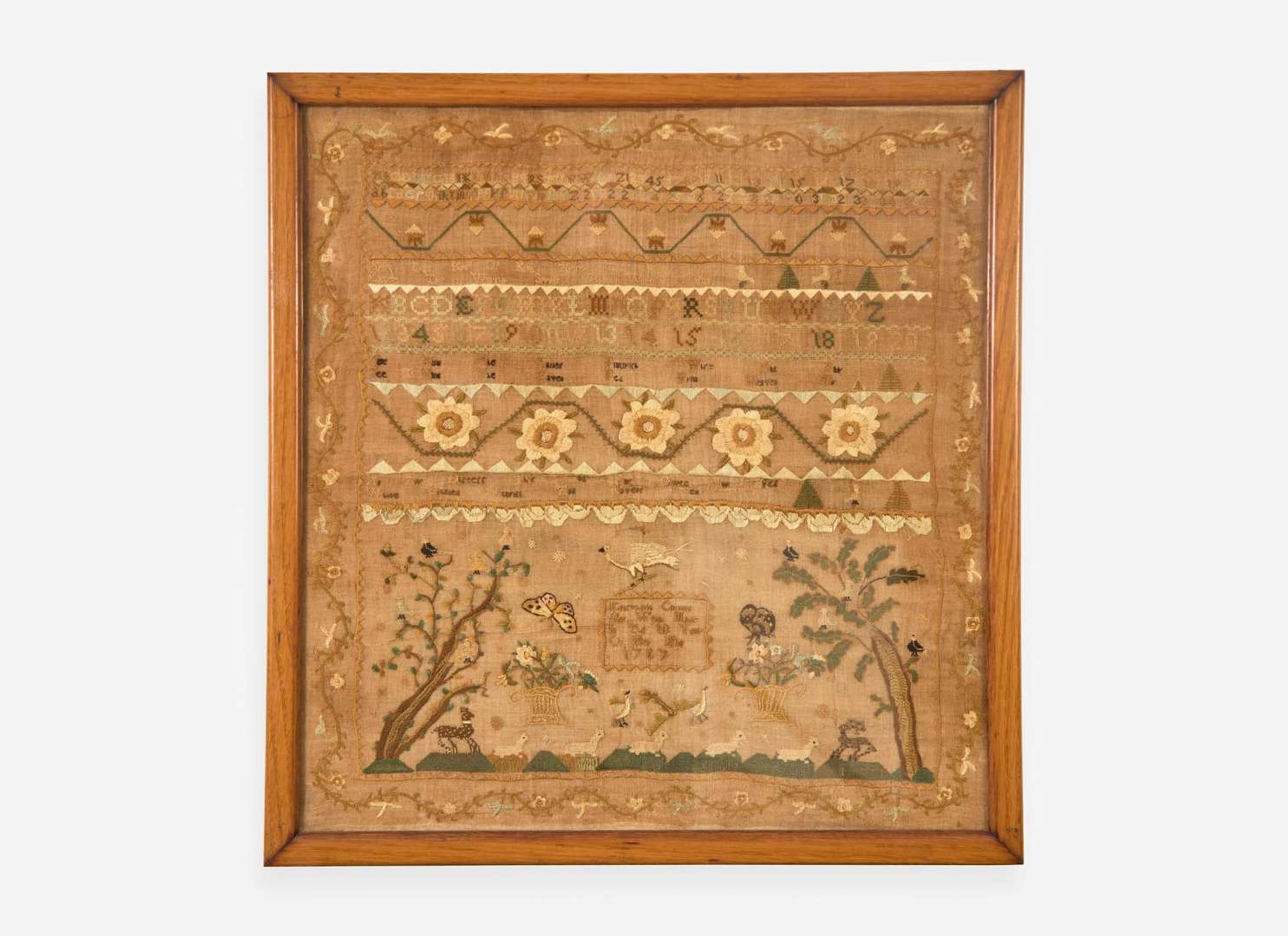 A needlework sampler, "Elizabeth Collings her work made in the 10 year of her age 1787," probably Philadelphia, PA