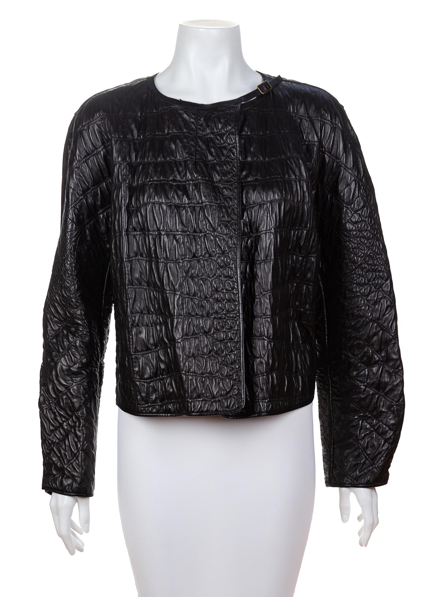 An Yves Saint Laurent Black Leather Quilted Jacket, Size 42.
