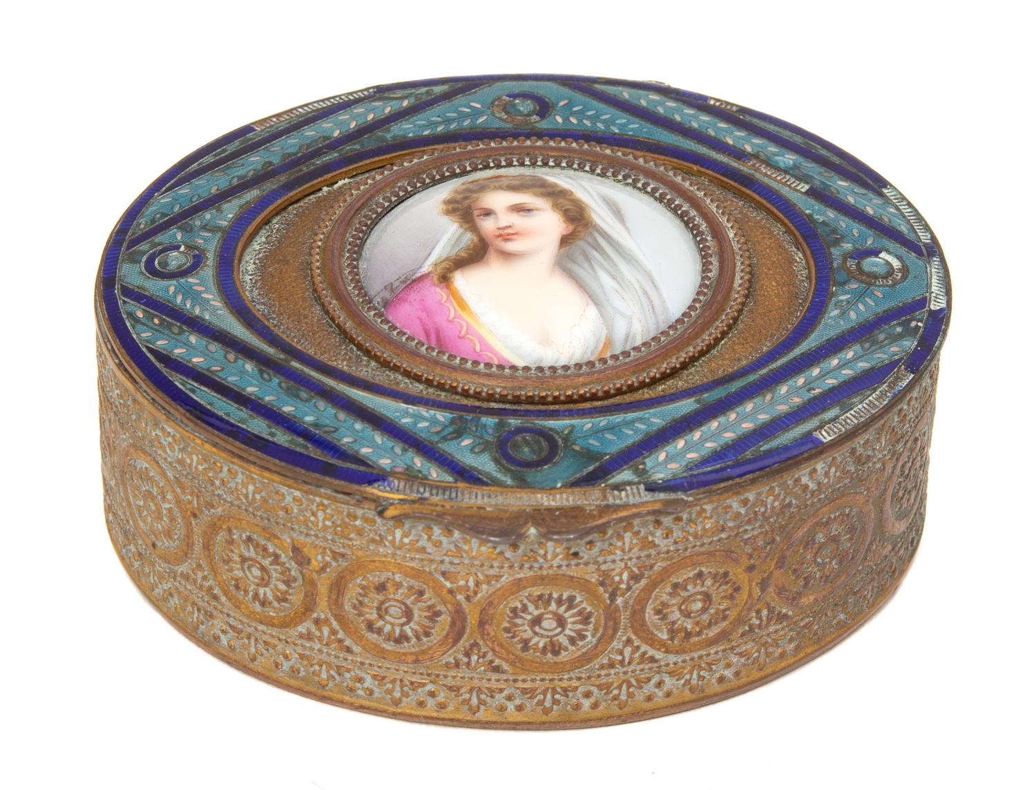 Two French Gilt Bronze and Enamel Portrait Snuff Boxes Height of largest 1 x width 3 1/2 inches. — 19TH/20TH CENTURY