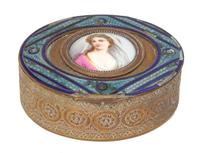 Two French Gilt Bronze and Enamel Portrait Snuff Boxes Height of largest 1 x width 3 1/2 inches. — 19TH/20TH CENTURY