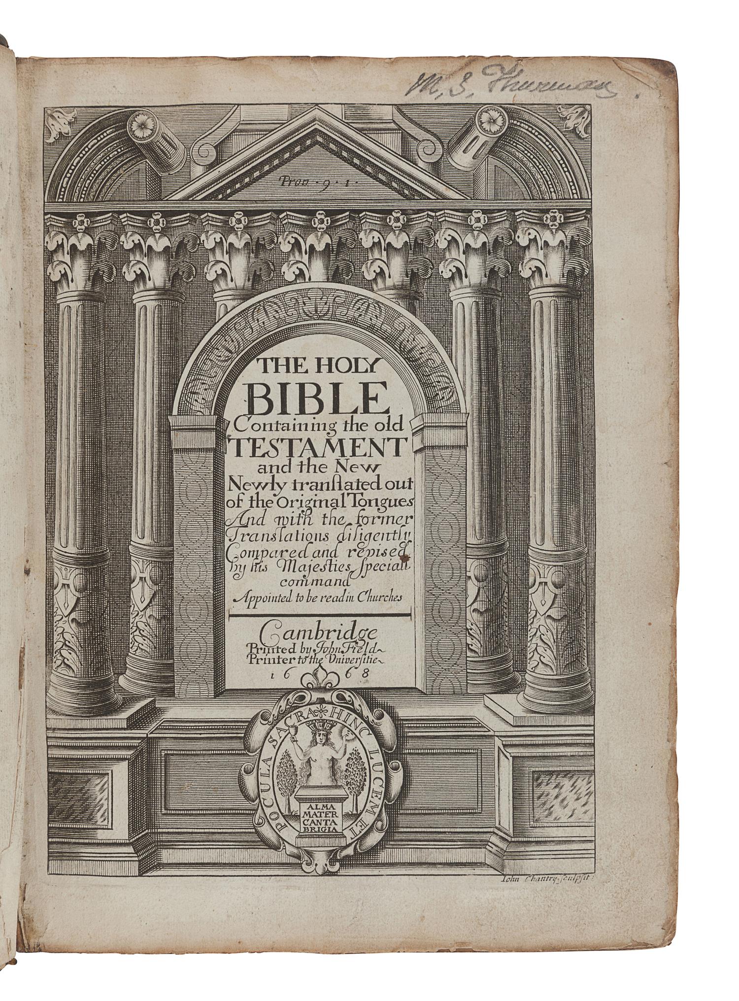 [BIBLE, in English]. The Holy Bible Containing the Old Testament and the New. -- Index Biblicus: or an Exact Concordance to the Holy Bible. -- The Whole Book of Psalms . Cambridge: John Field, 1668, 1666.