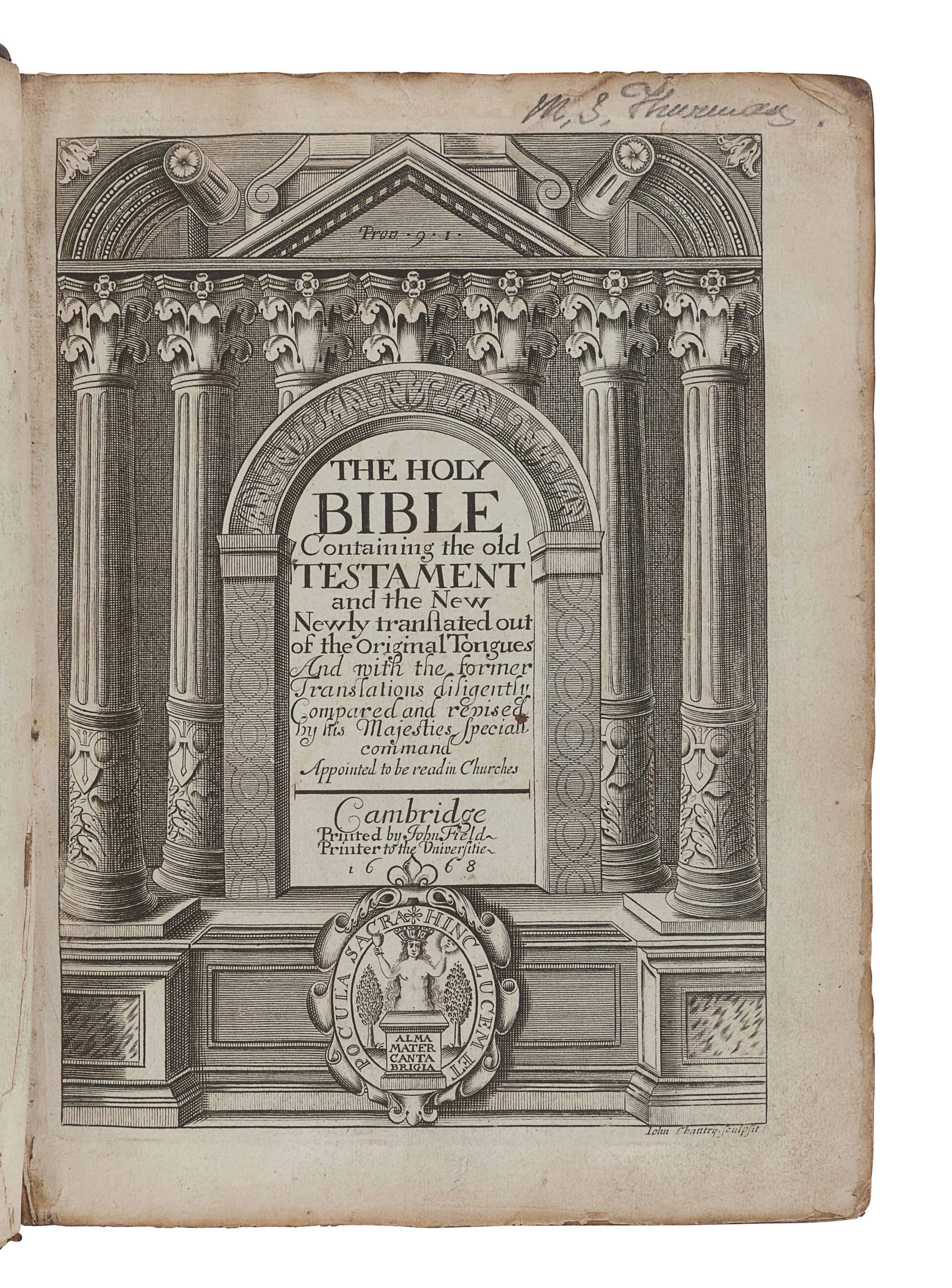 [BIBLE, in English]. The Holy Bible Containing the Old Testament and the New. -- Index Biblicus: or an Exact Concordance to the Holy Bible. -- The Whole Book of Psalms . Cambridge: John Field, 1668, 1666.