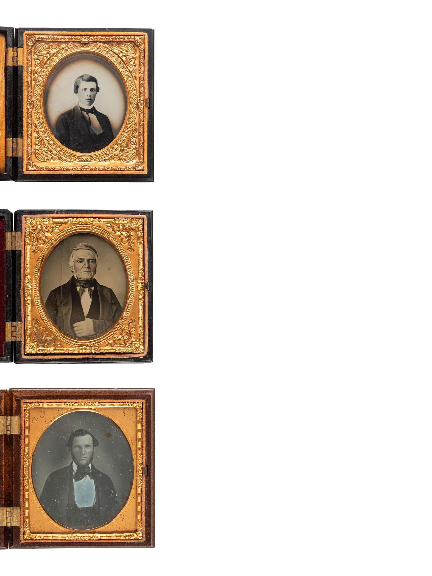 [EARLY PHOTOGRAPHY]. 10 figural and floral sixth plate Union cases containing portraits of men.
