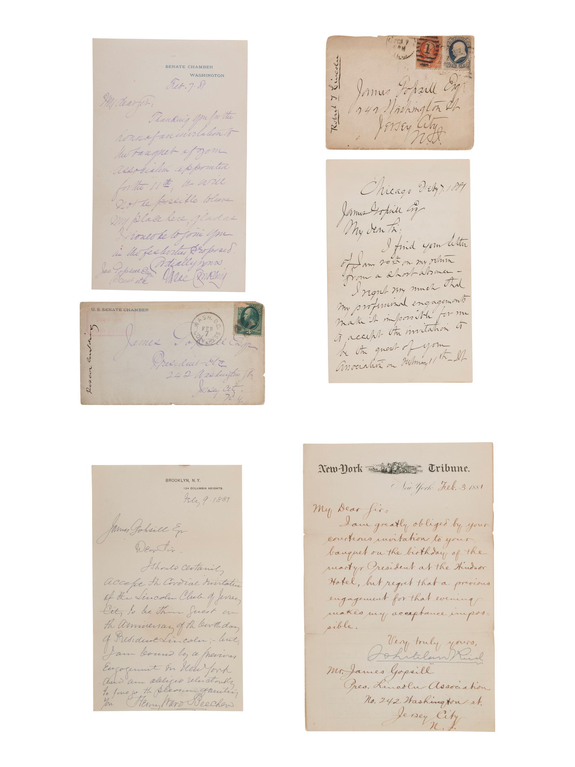[POLITICS]. A group of 4 letters signed by politicians and reformers, incl. Robert Todd LINCOLN, Henry Ward BEECHER, Roscoe CONKLING, and Whitelaw REID.