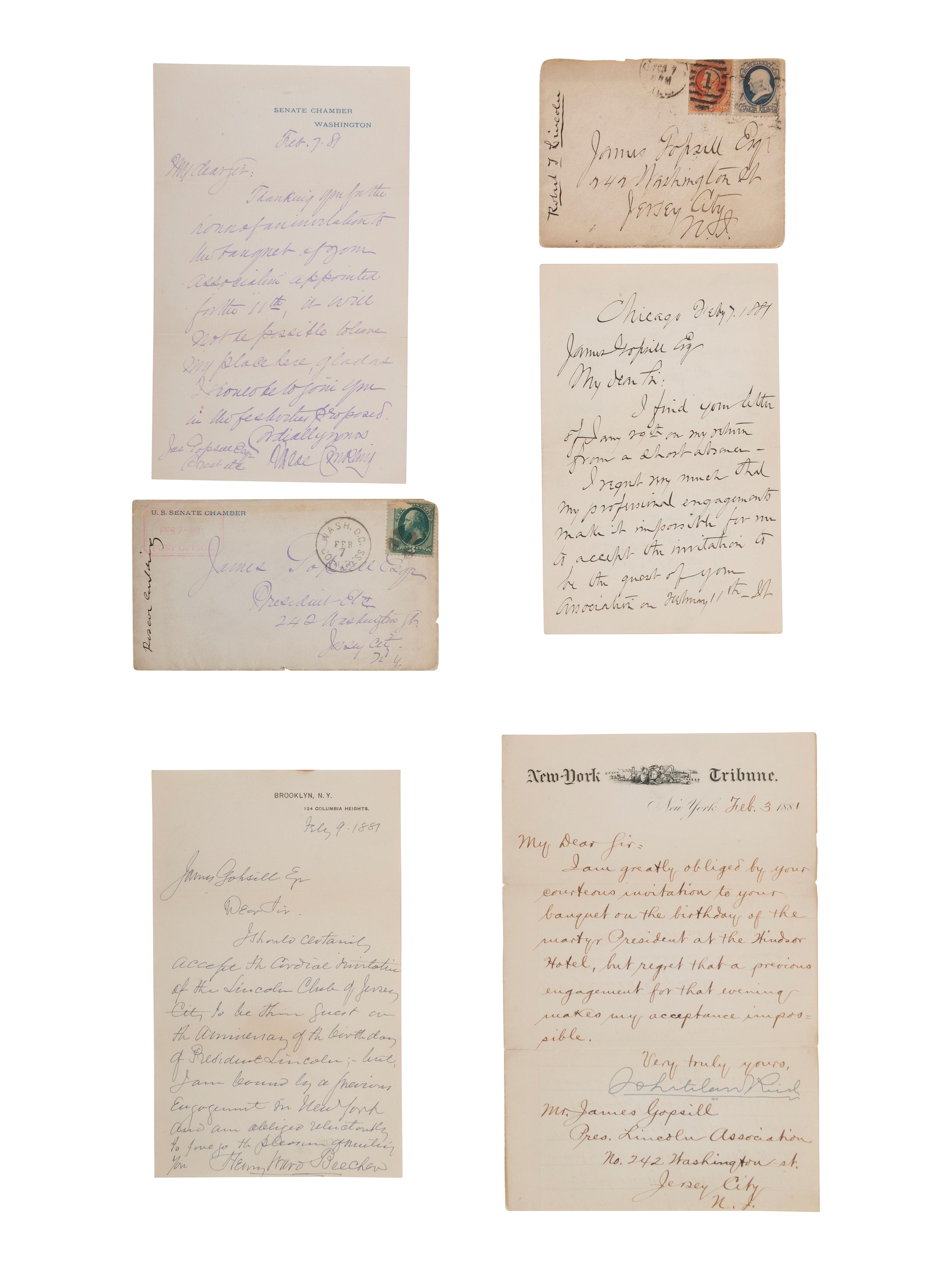 [POLITICS]. A group of 4 letters signed by politicians and reformers, incl. Robert Todd LINCOLN, Henry Ward BEECHER, Roscoe CONKLING, and Whitelaw REID.