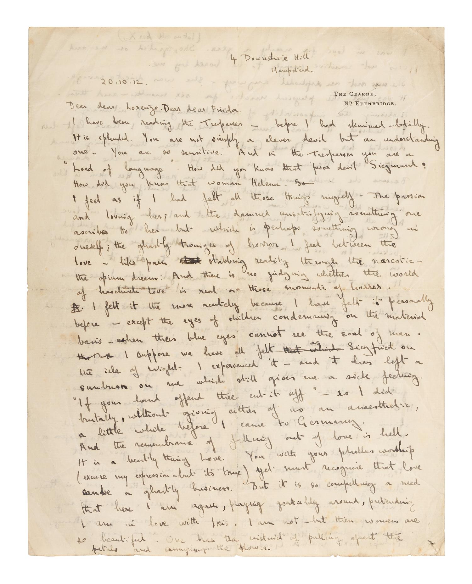 LAWRENCE, D. H. (1885-1930). Autograph letter signed ("D. H. Lawrence"), to David Garnett. Greatham, Pulborough, Sussex, [19 April 1915]. 5 pages, 8vo . [ With :] LAWRENCE, Freida. Autograph letter signed ("Freida"), to David Garnett. [19 April 1915]. With postscript from D. H. Lawrence at end. 2 pages, 8vo, with original envelope marked "Absolutely Private ."