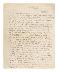 LAWRENCE, D. H. (1885-1930). Autograph letter signed ("D. H. Lawrence"), to David Garnett. Greatham, Pulborough, Sussex, [19 April 1915]. 5 pages, 8vo . [ With :] LAWRENCE, Freida. Autograph letter signed ("Freida"), to David Garnett. [19 April 1915]. With postscript from D. H. Lawrence at end. 2 pages, 8vo, with original envelope marked "Absolutely Private ."