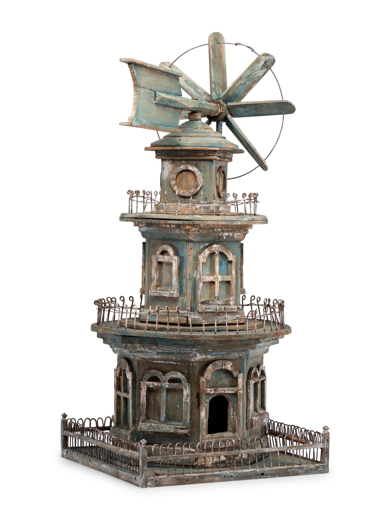 A Victorian Painted Wood and Wire Architectural Whirligig Directional Birdhouse