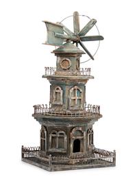 A Victorian Painted Wood and Wire Architectural Whirligig Directional Birdhouse
