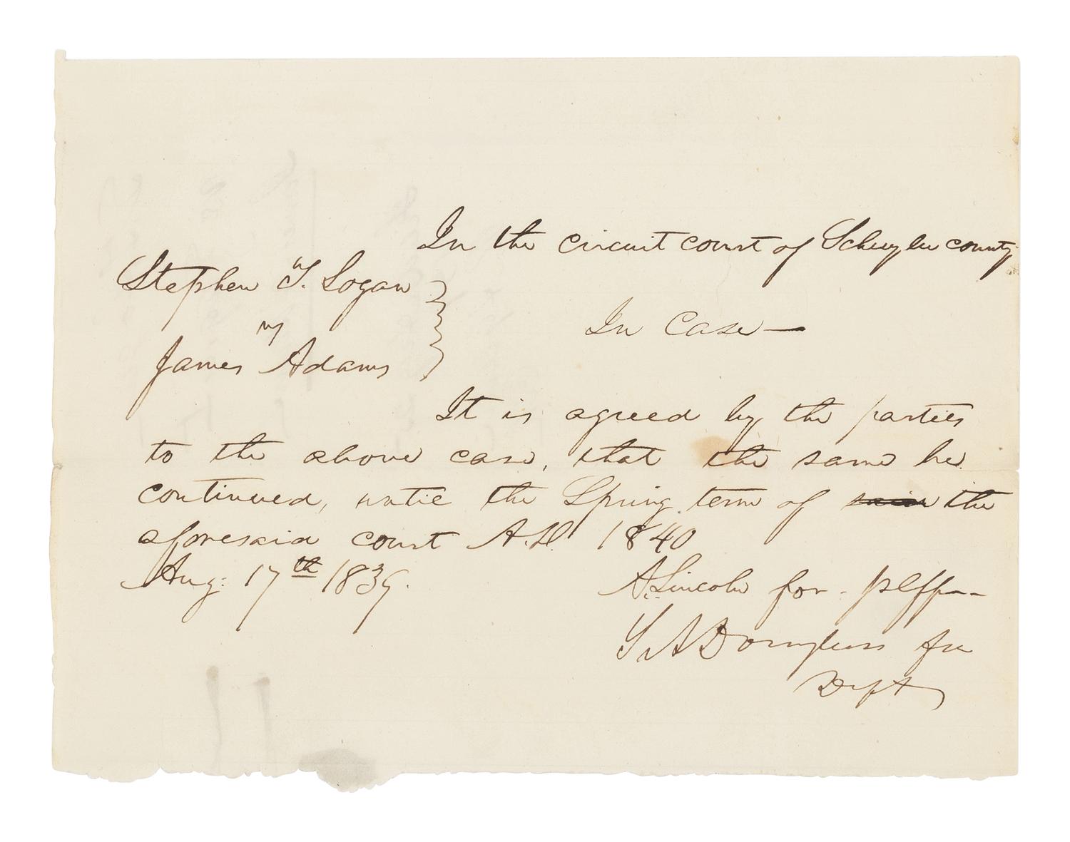 [Presidential] Lincoln, Abraham, and Stephen A. Douglas. Autograph Document, signed