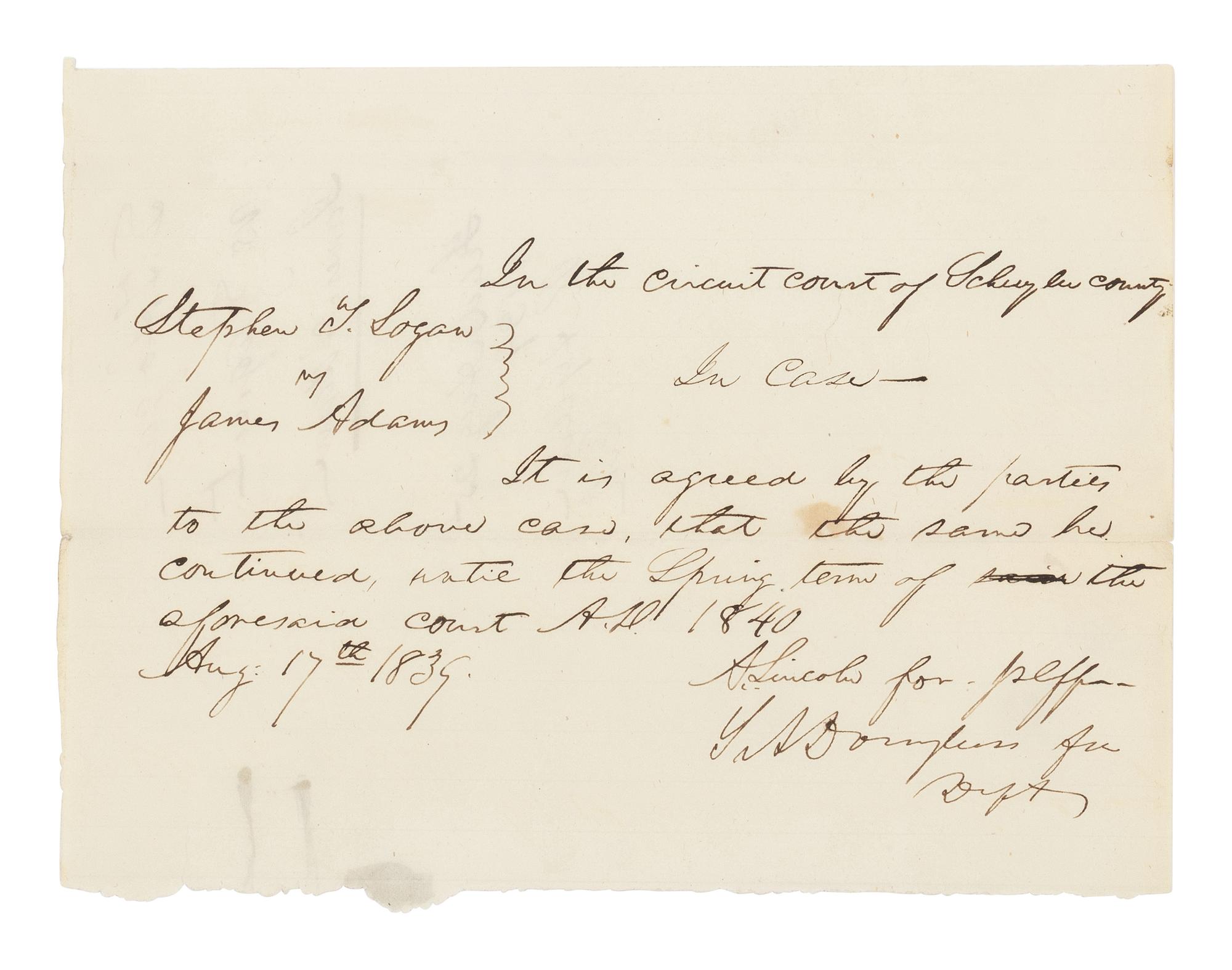 [Presidential] Lincoln, Abraham, and Stephen A. Douglas. Autograph Document, signed