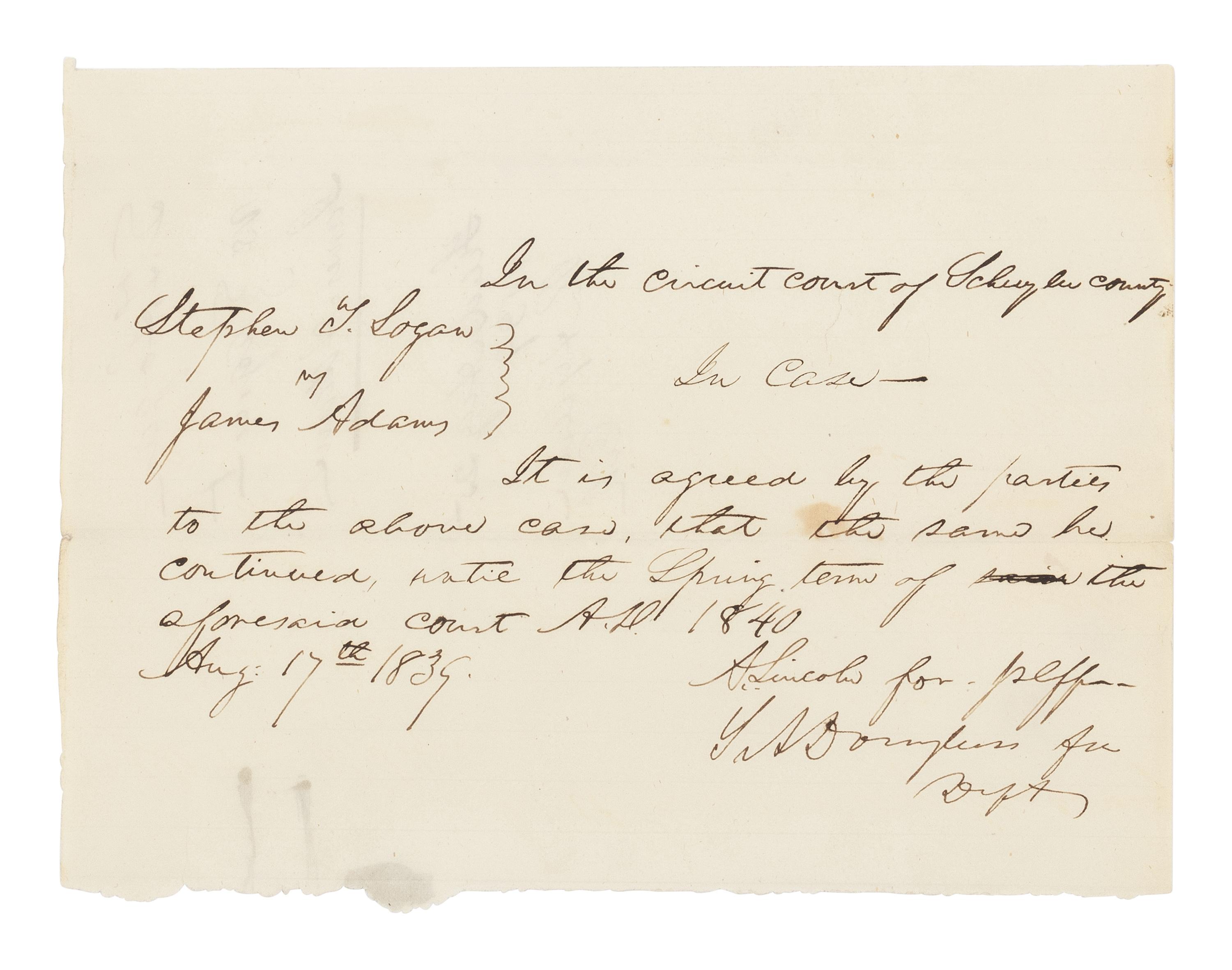 [Presidential] Lincoln, Abraham, and Stephen A. Douglas. Autograph Document, signed