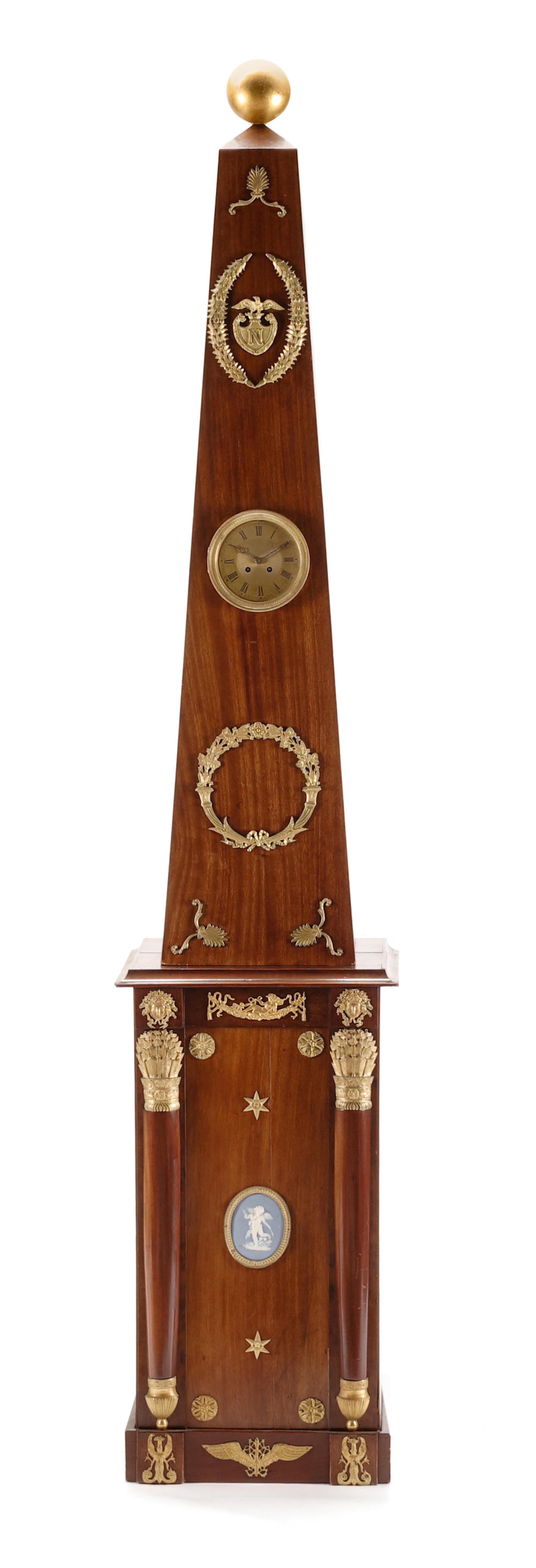 An Empire Style Obelisk Form Tall Case Clock Height overall 97 x width 19 x depth 18 inches. — 19TH CENTURY