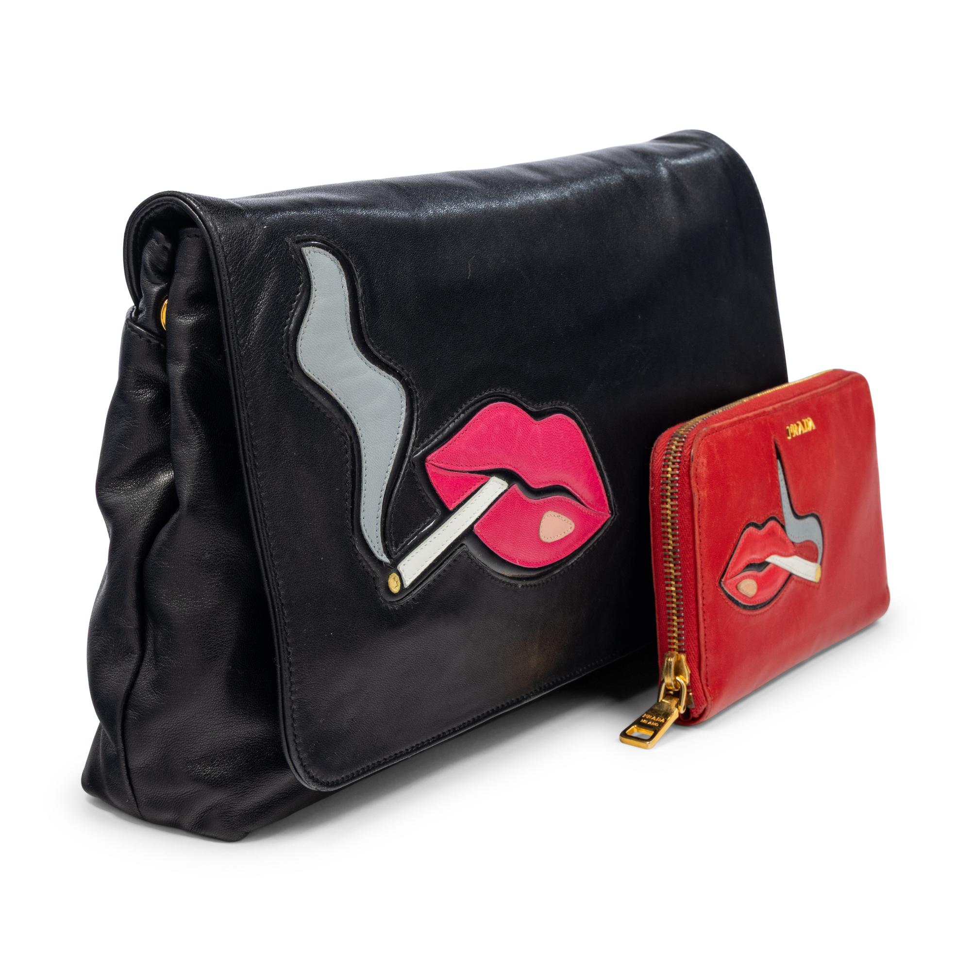 PRADA, SMOKING LIPS LEATHER CLUTCH & WALLET