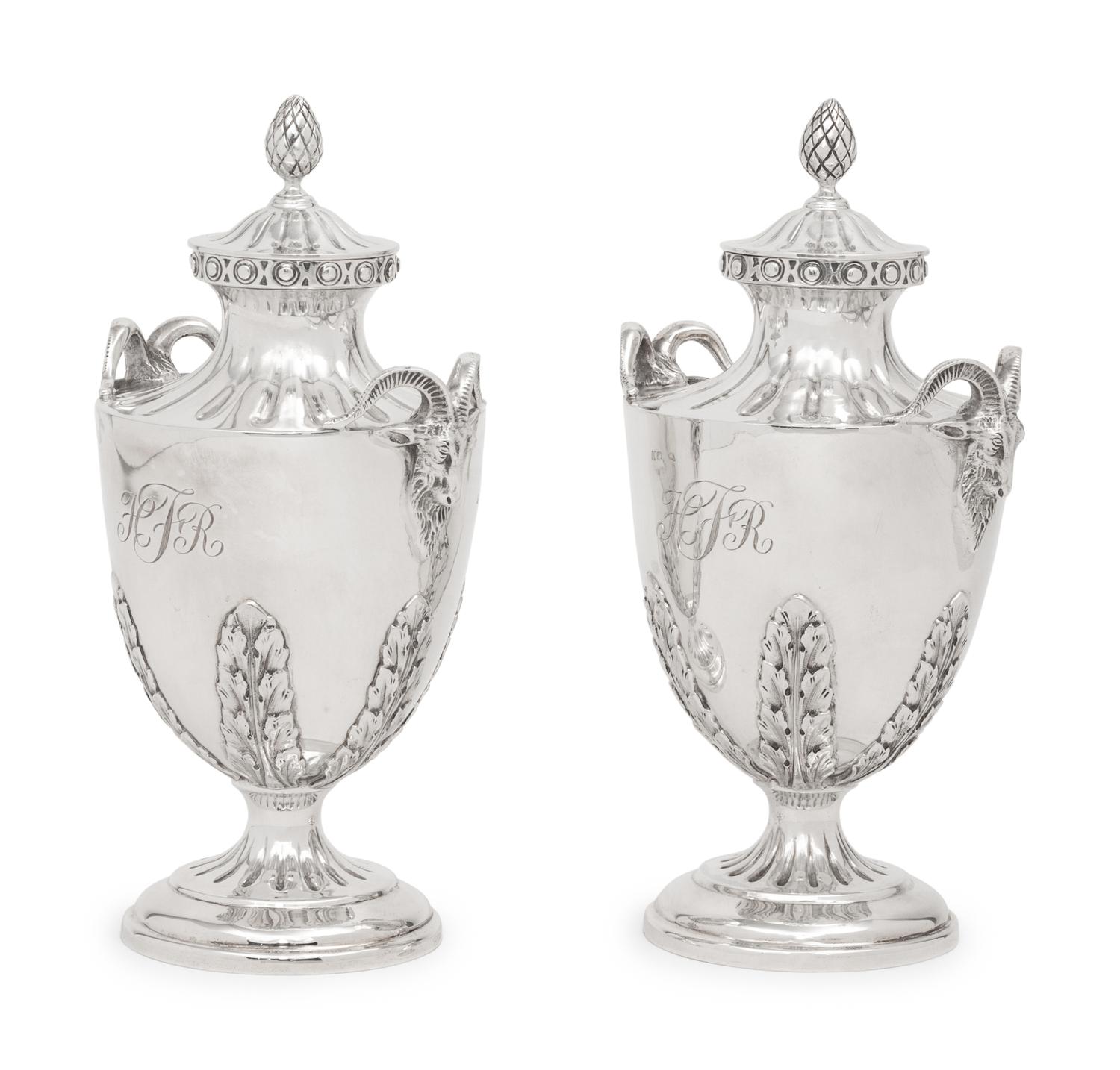 A Pair of English Silver Covered Vases