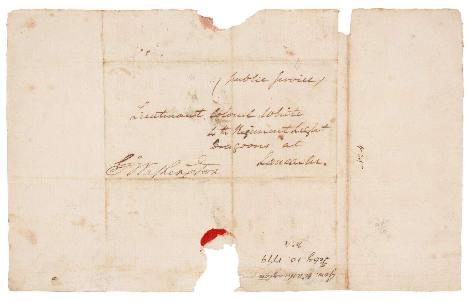 WASHINGTON, George (1732-1799), President. Autograph free frank ("G:o Washington"), as Commander-in-Chief of the Continental Army. An address panel to "Lieutenant Colonel White, 4th Regiment Light Dragoons Lancaster" [Anthony Walton White], 10 February 1779.