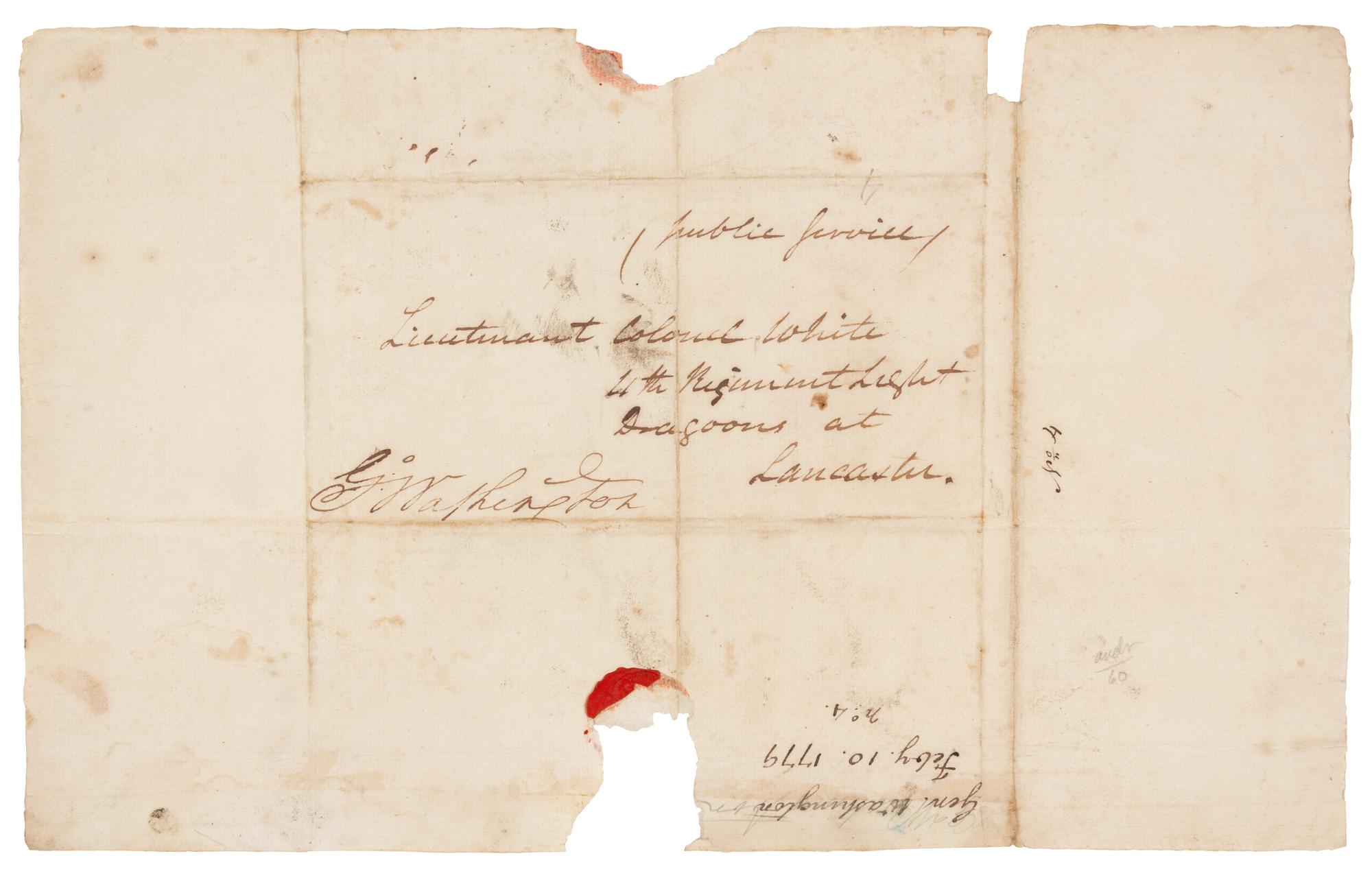 WASHINGTON, George (1732-1799), President. Autograph free frank ("G:o Washington"), as Commander-in-Chief of the Continental Army. An address panel to "Lieutenant Colonel White, 4th Regiment Light Dragoons Lancaster" [Anthony Walton White], 10 February 1779.