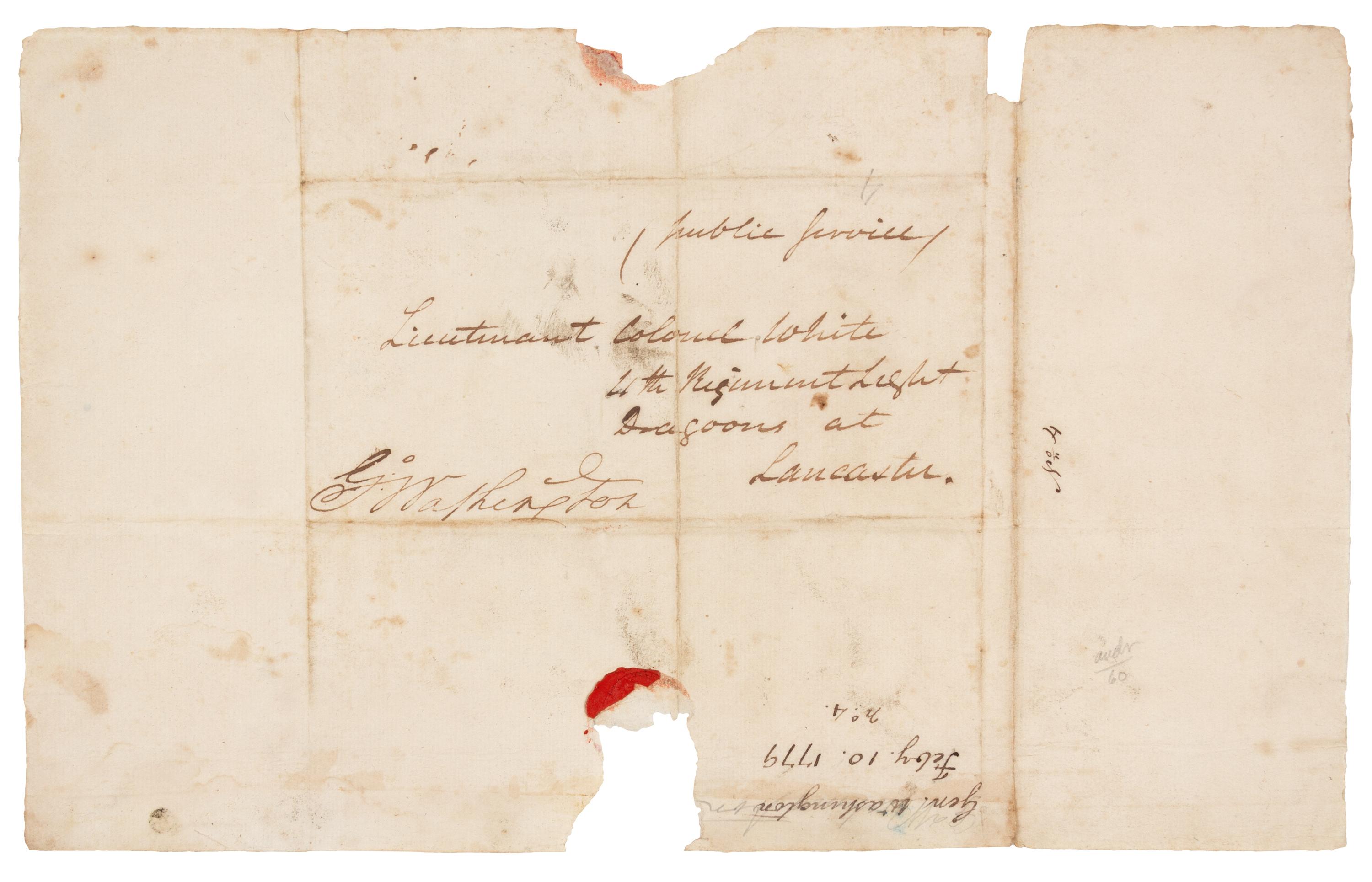 WASHINGTON, George (1732-1799), President. Autograph free frank ("G:o Washington"), as Commander-in-Chief of the Continental Army. An address panel to "Lieutenant Colonel White, 4th Regiment Light Dragoons Lancaster" [Anthony Walton White], 10 February 1779.