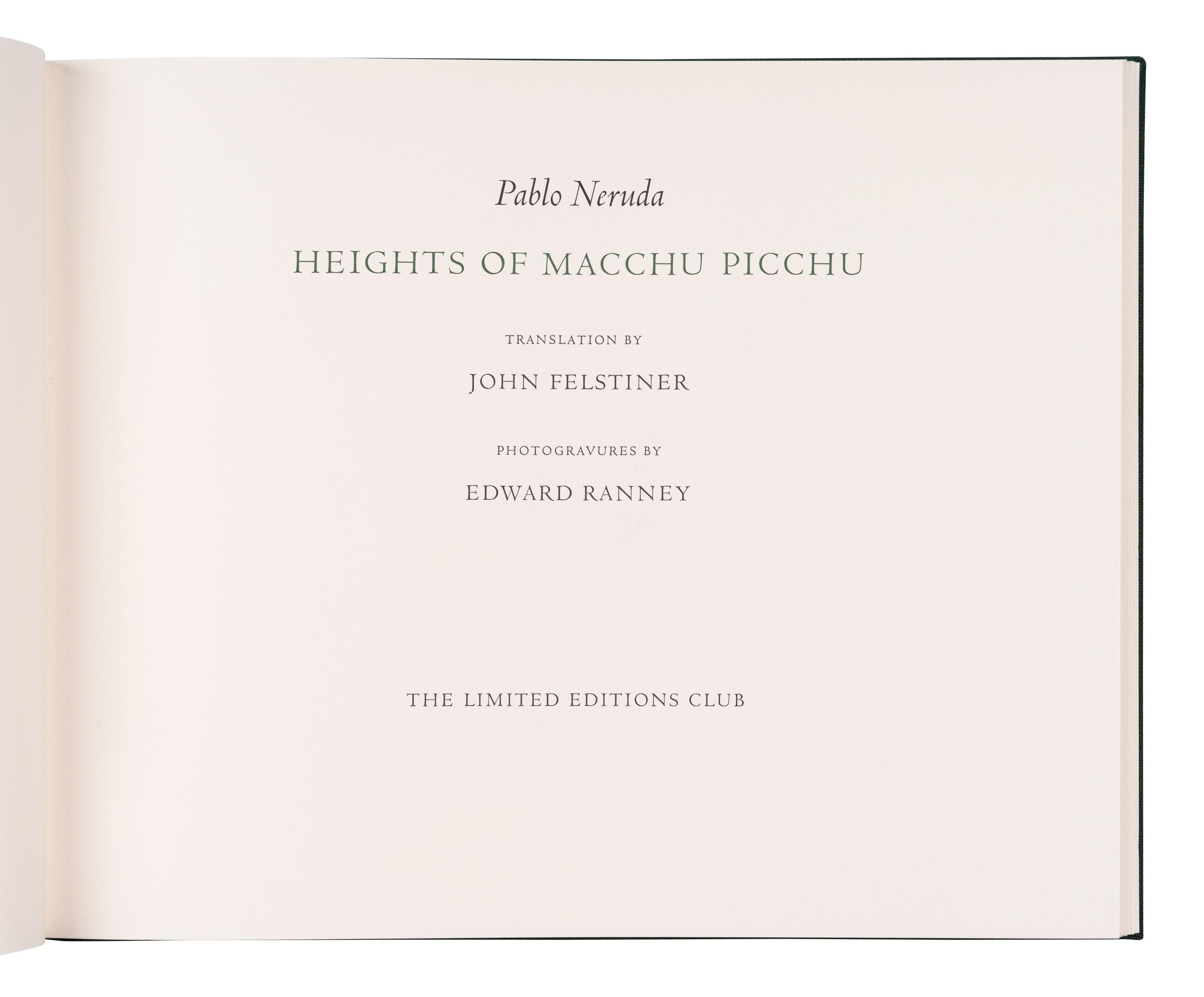 [ARTIST'S BOOK] -- [LIMITED EDITIONS CLUB]. NERUDA, Pablo (1904-1973). Edward Ranney, illustrator. Heights of Macchu Picchu . Edward Ranney, translator. New York: The Limited Editions Club, 1998.