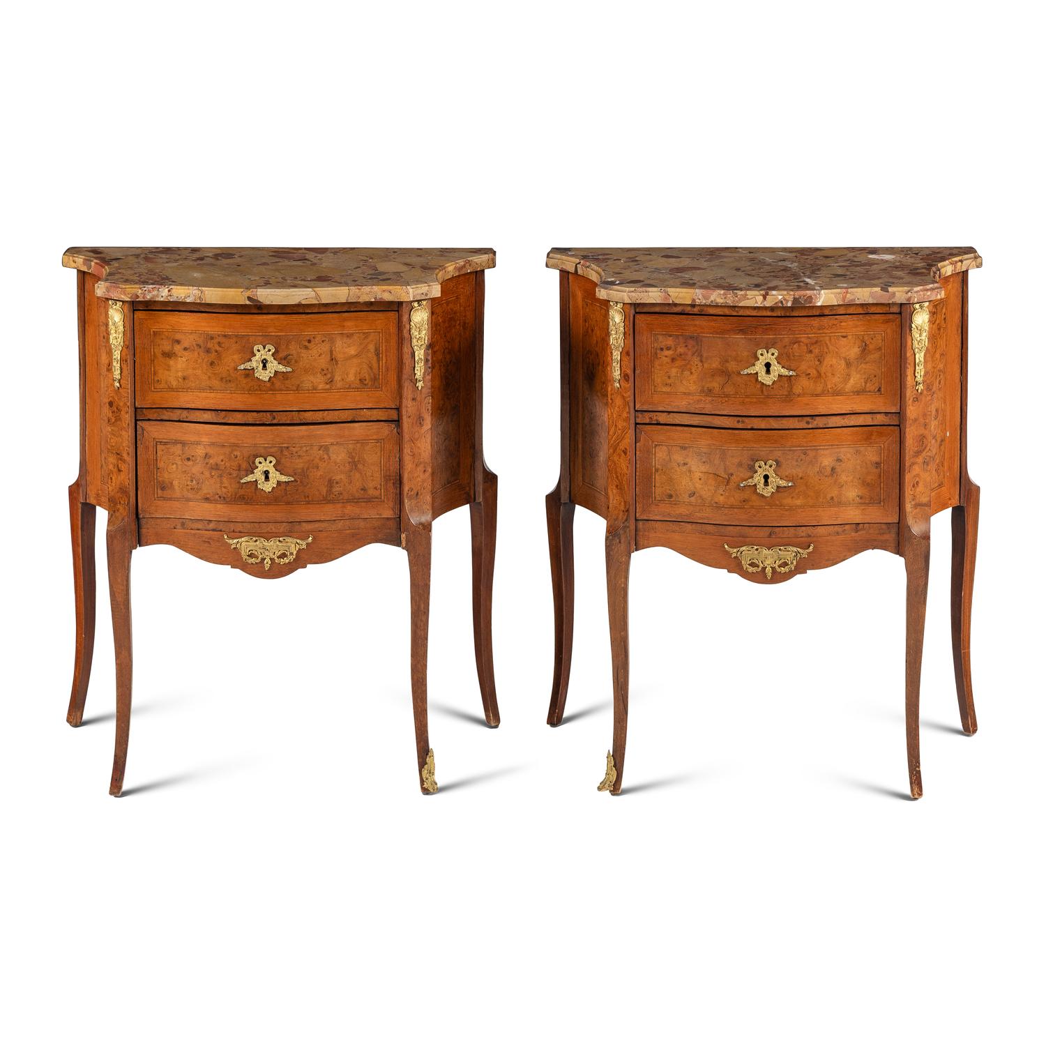 A Pair of Louis XV/XVI Transitional Style Gilt Bronze Mounted Walnut and Marble-Top Commodes