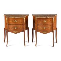 A Pair of Louis XV/XVI Transitional Style Gilt Bronze Mounted Walnut and Marble-Top Commodes