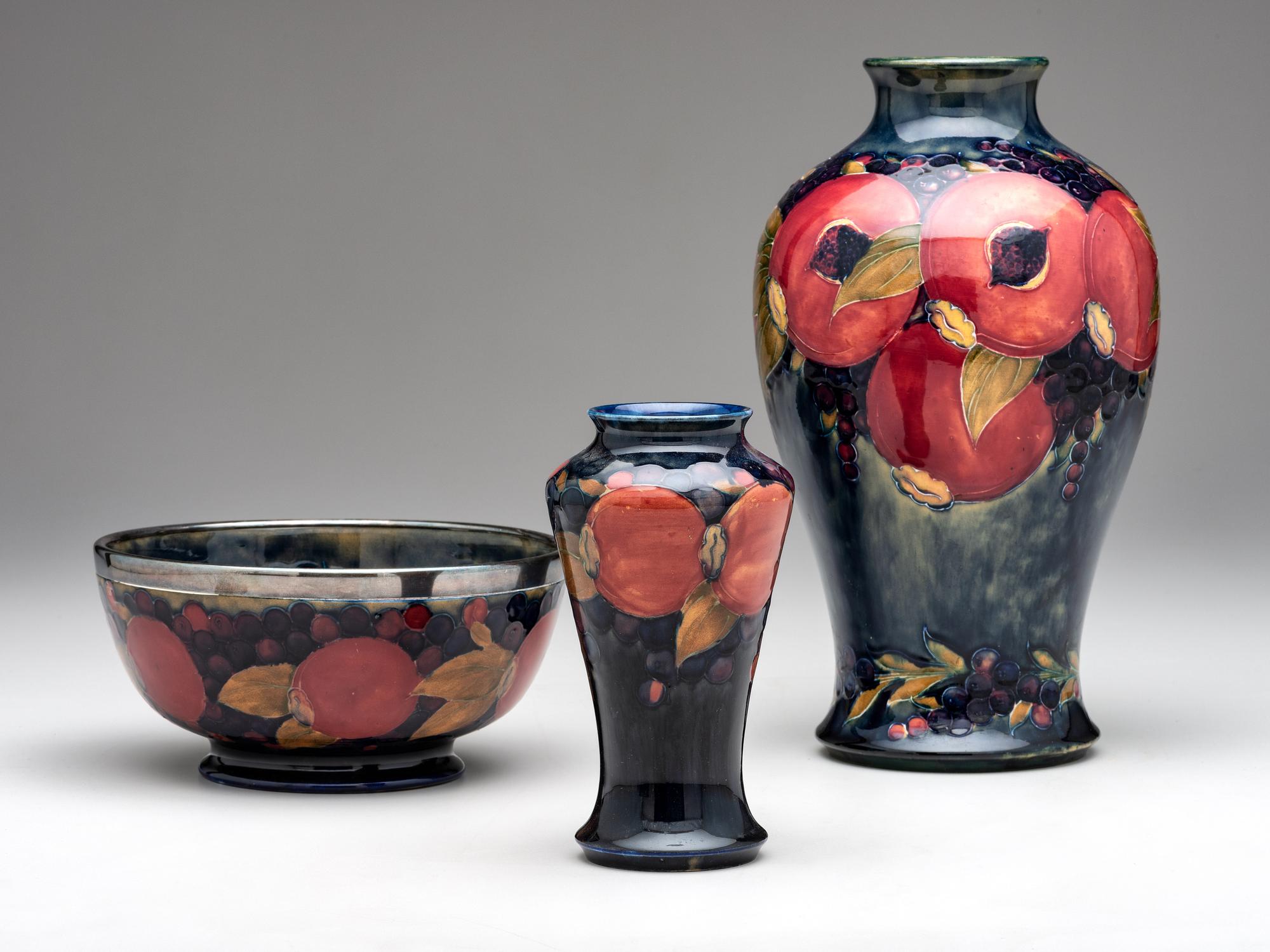 Vases and Footed Bowl with Metal Mount