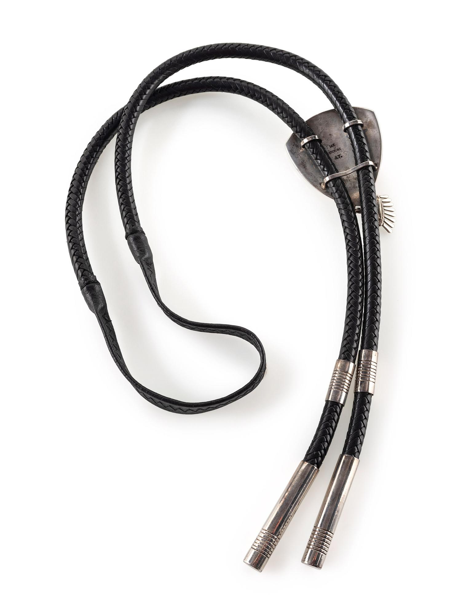 Sterling Silver Bolo Tie, Set with Turquoise, Coral, and Iron Wood with 14k Gold Accents