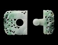 Three Chinese Apple Green and White Jadeite Buckles, 19th-20th Century 清晚期 翡翠帶扣三件