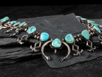 Navajo Sandcast Silver and Turquoise Squash Blossom Necklace