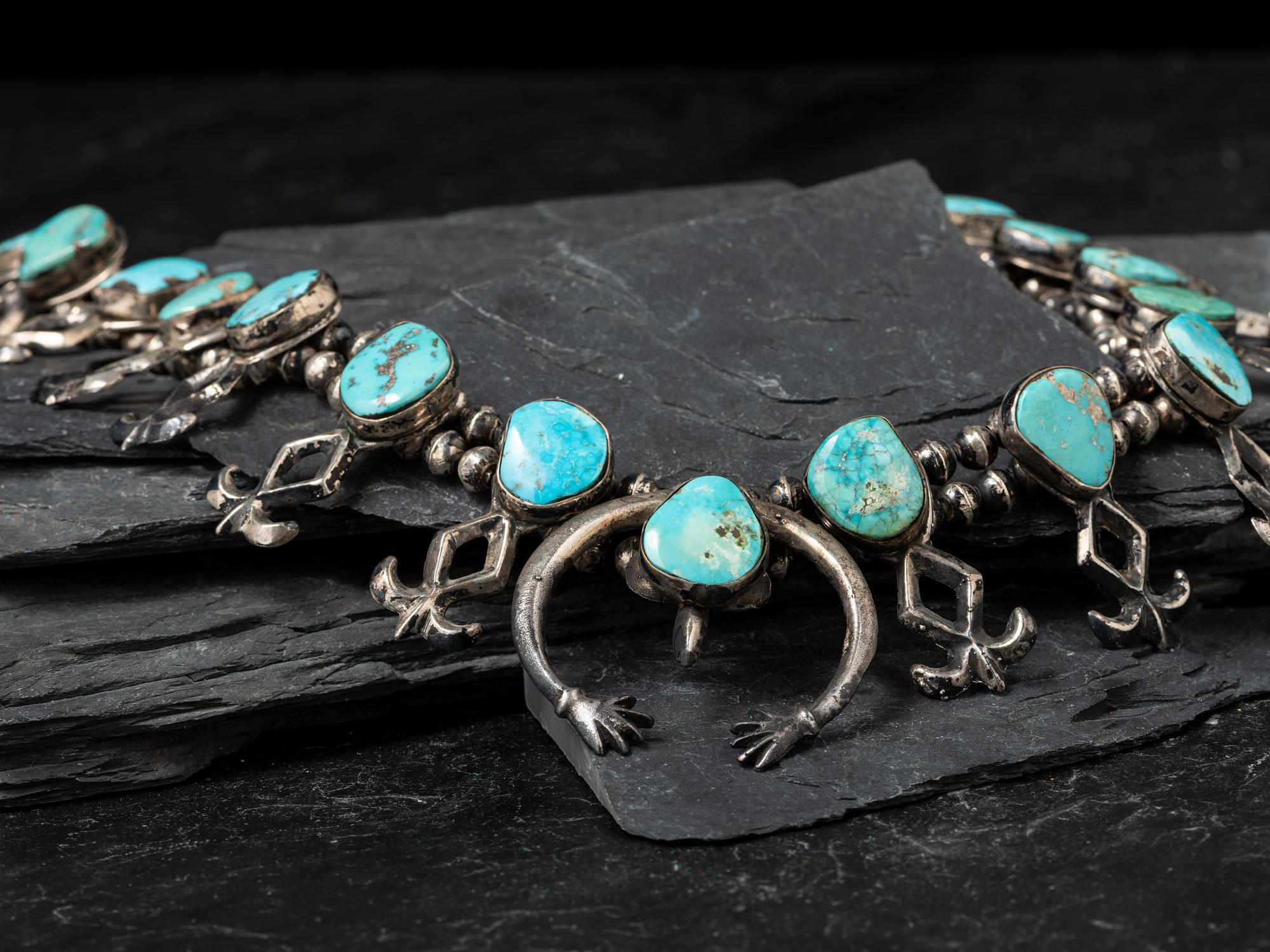 Navajo Sandcast Silver and Turquoise Squash Blossom Necklace