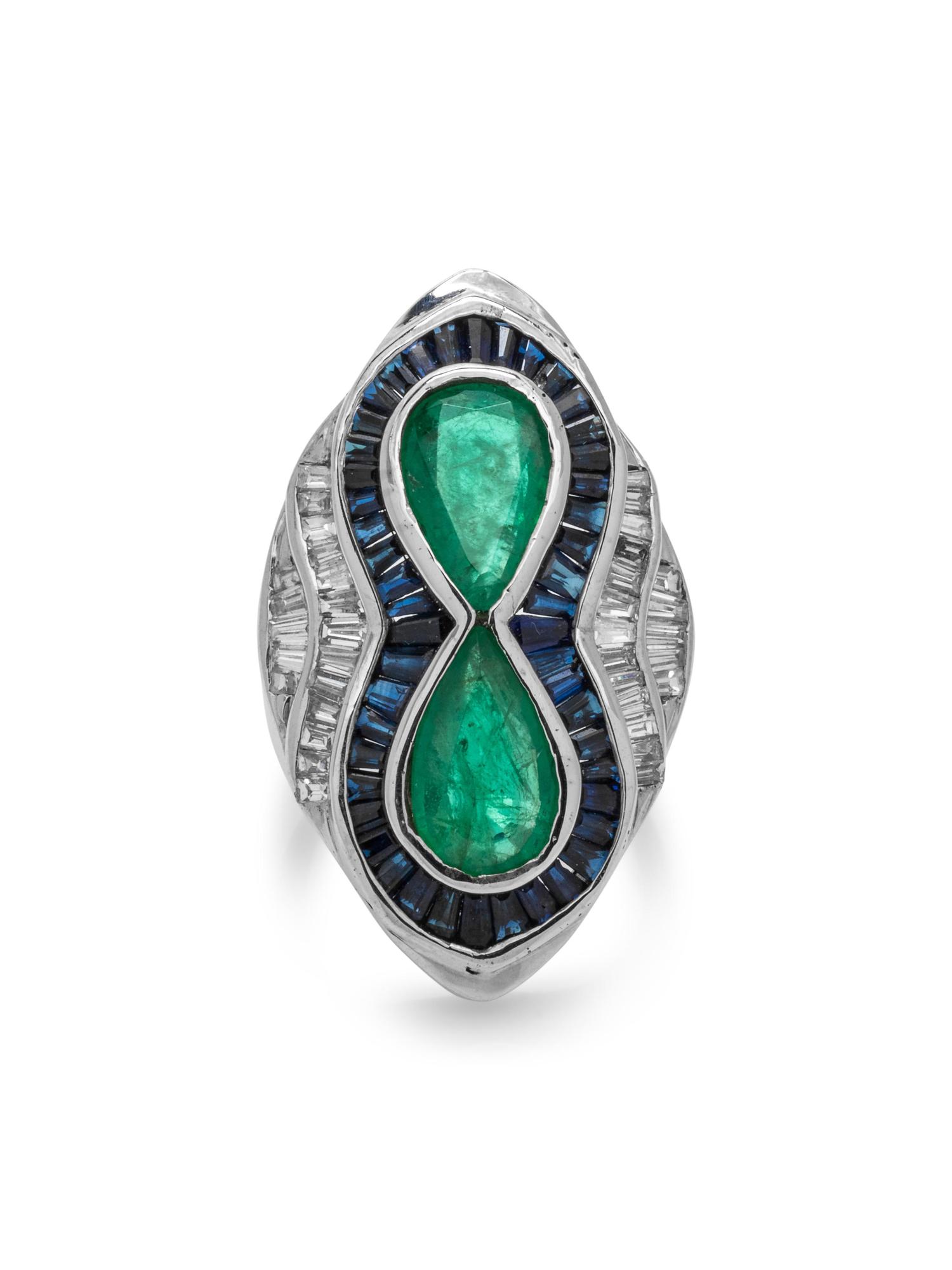 EMERALD, SAPPHIRE AND DIAMOND RING