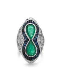 EMERALD, SAPPHIRE AND DIAMOND RING