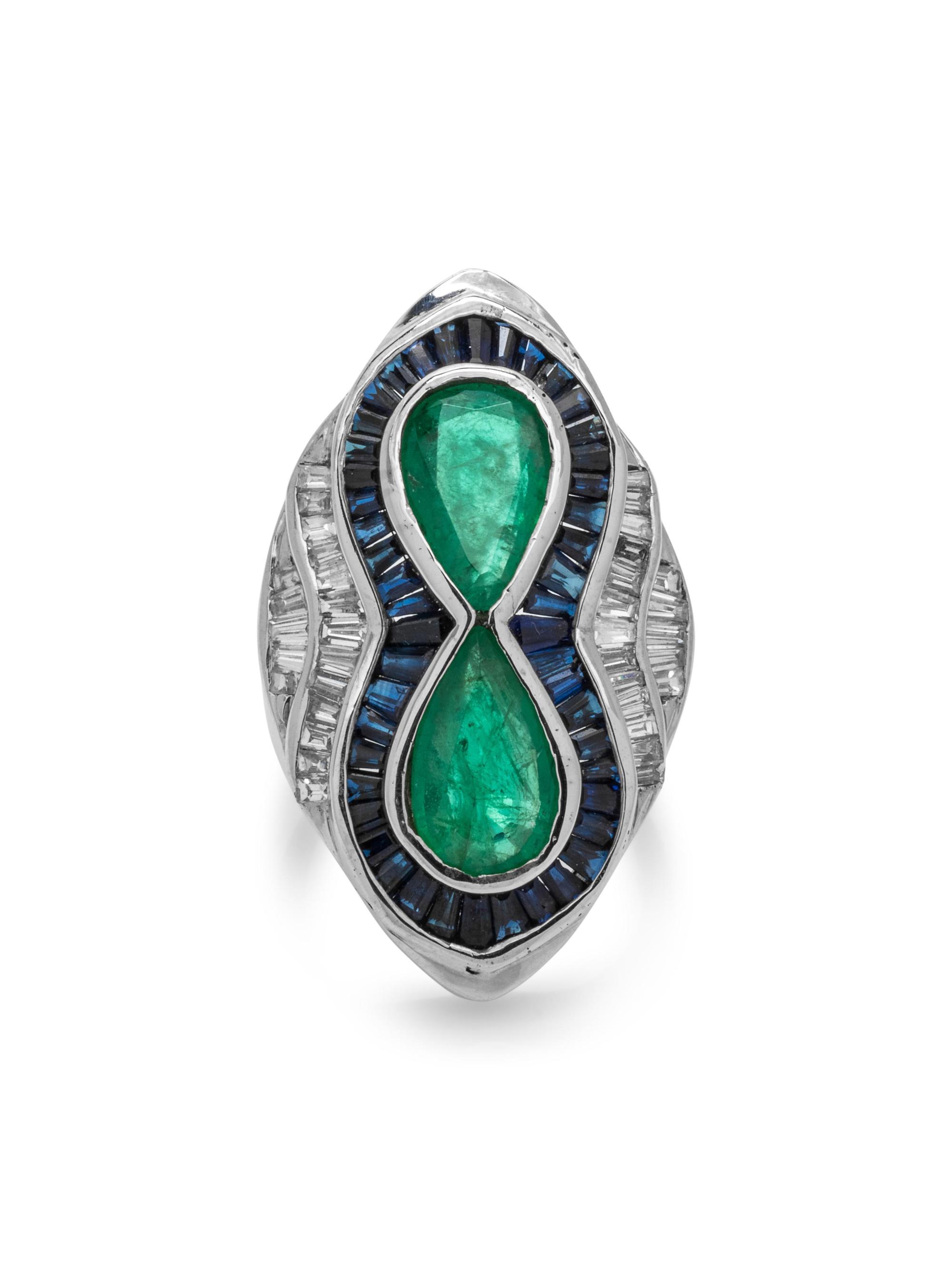 EMERALD, SAPPHIRE AND DIAMOND RING