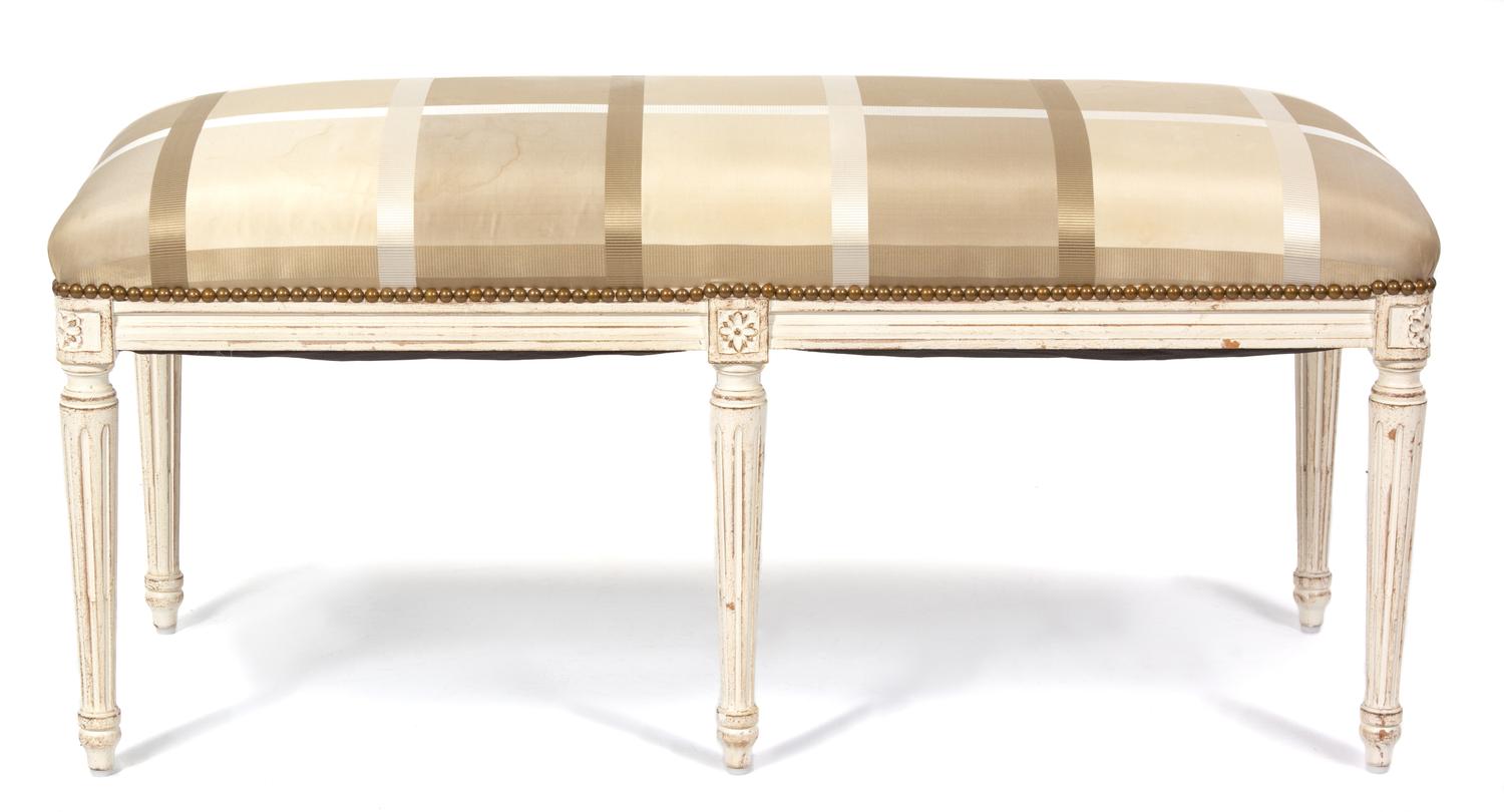A Louis XVI Style Painted and Upholstered Bench Height 20 x width 41 x depth 17 inches. — 20TH CENTURY