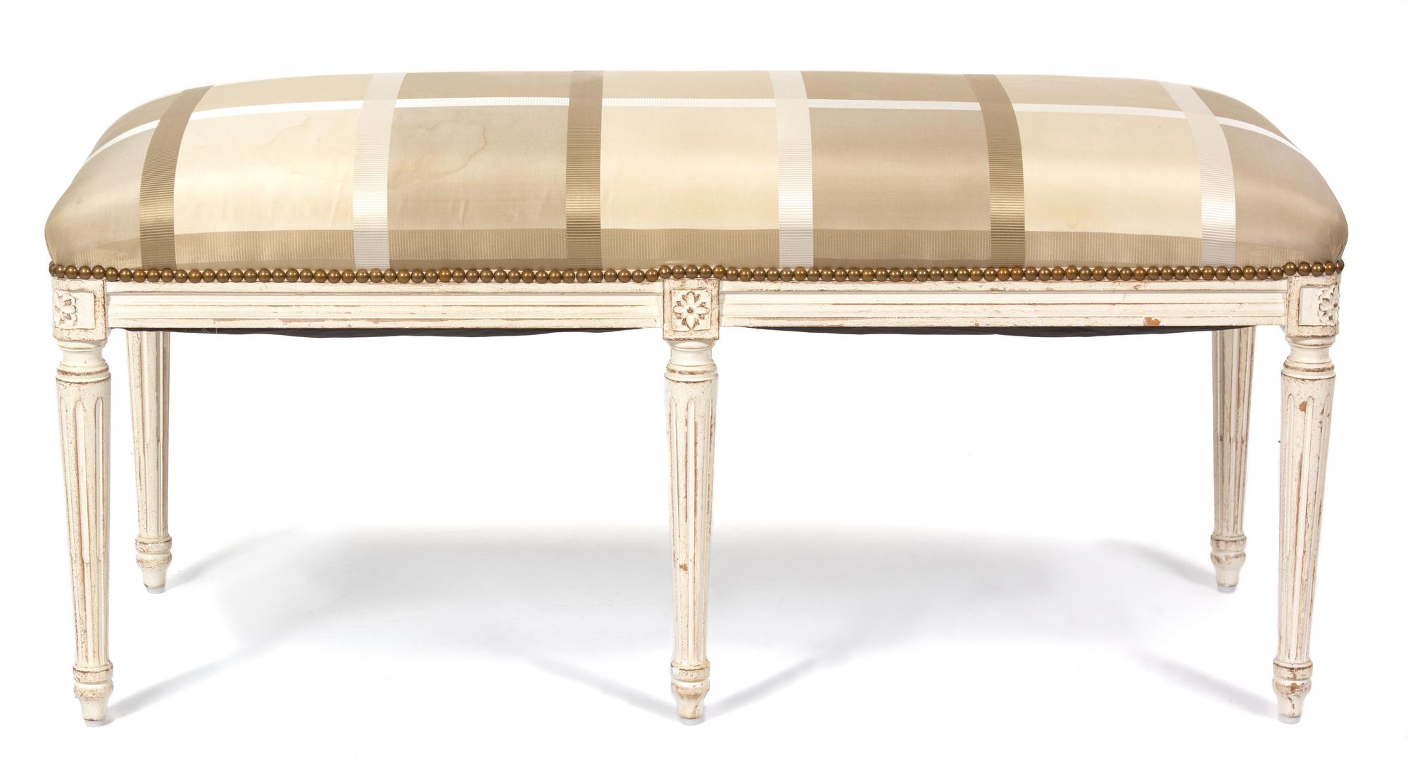A Louis XVI Style Painted and Upholstered Bench Height 20 x width 41 x depth 17 inches. — 20TH CENTURY