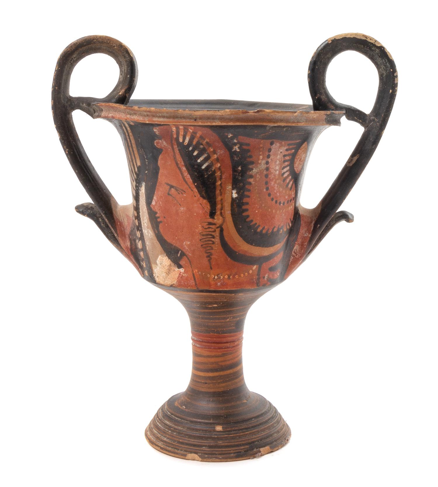 An Apulian Red Figured Kantharos Height 9 3/4 x width 8 1/4 inches. — CIRCA 340-320 B.C.E.
