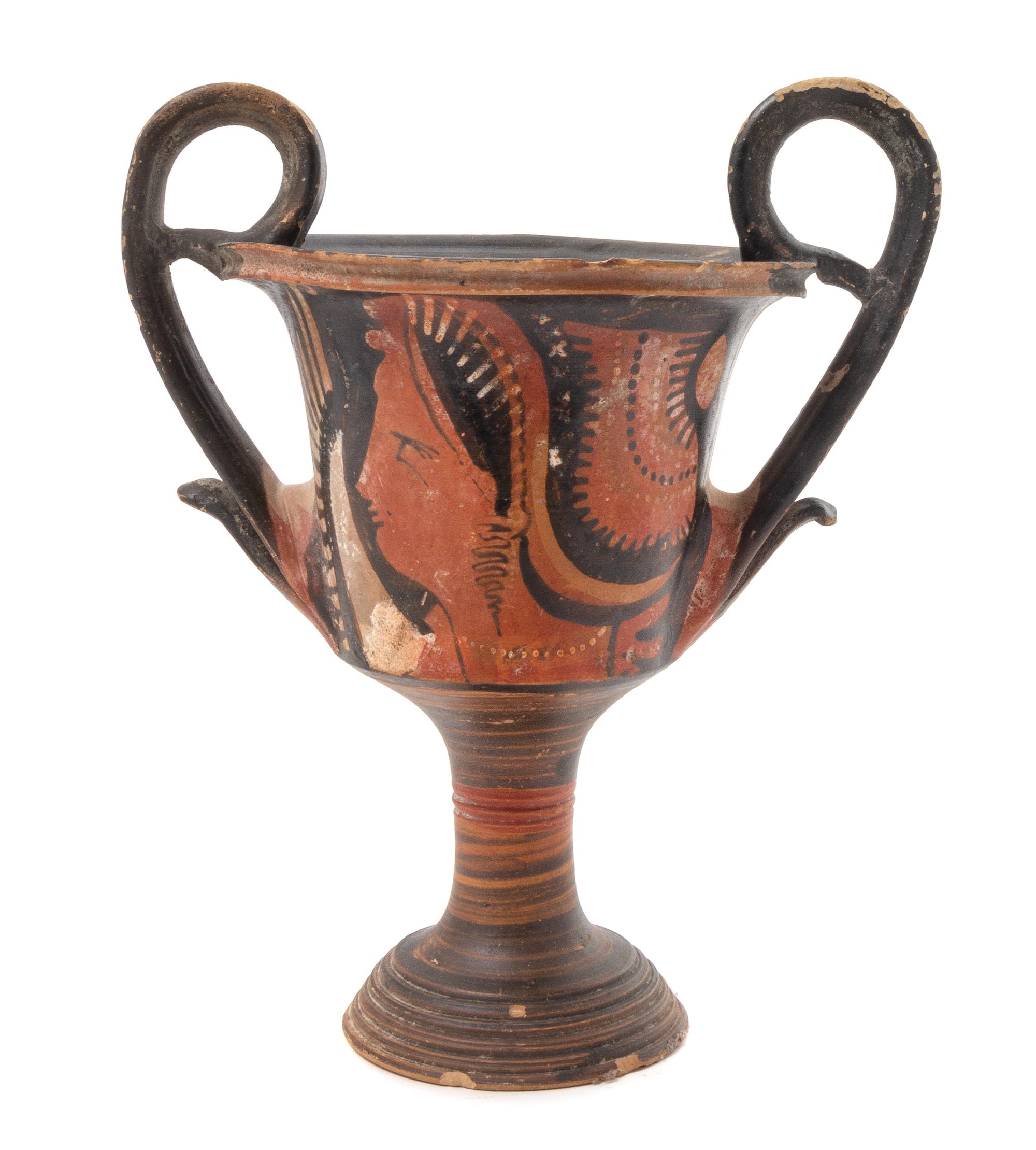 An Apulian Red Figured Kantharos Height 9 3/4 x width 8 1/4 inches. — CIRCA 340-320 B.C.E.