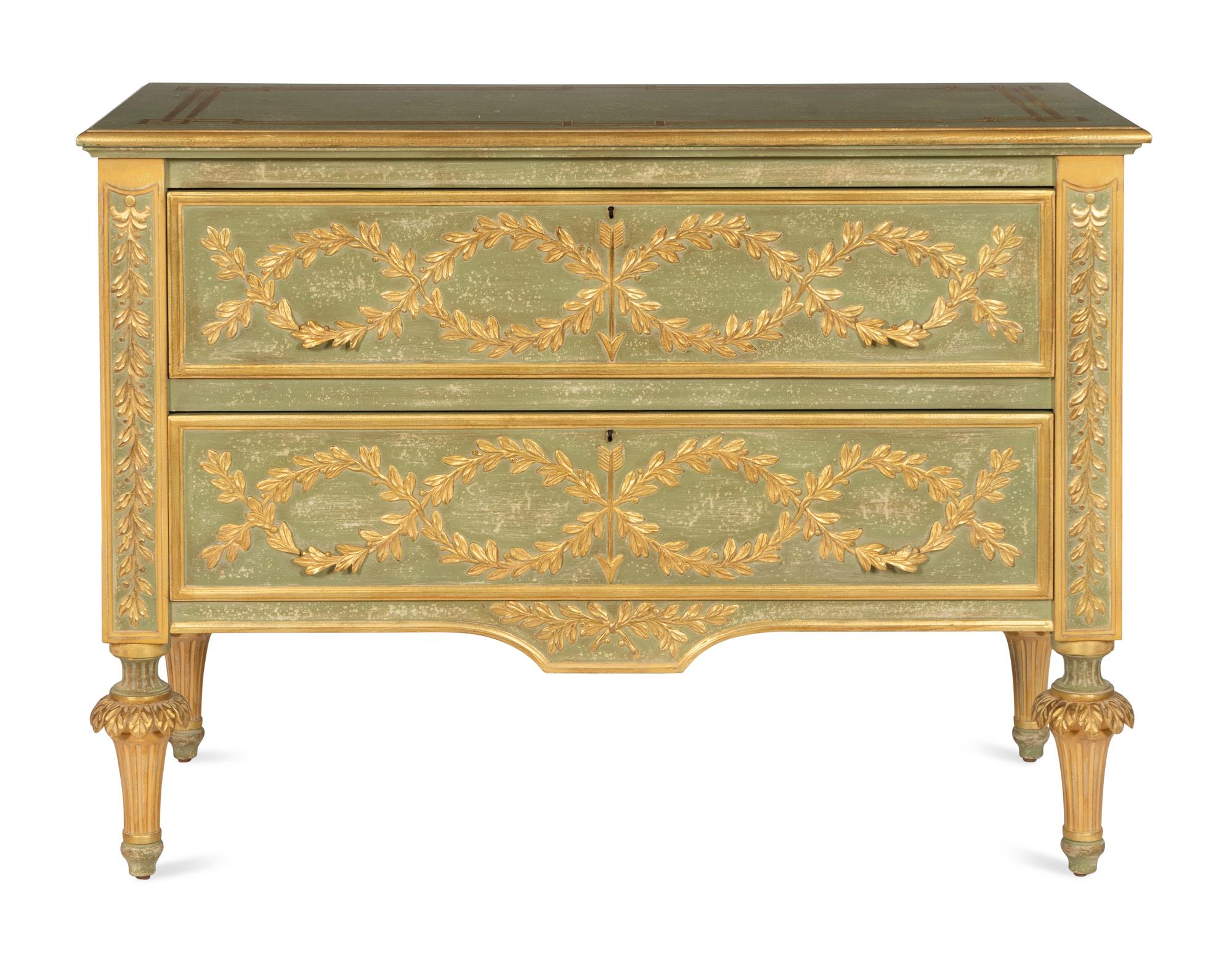 A Pair of Italian Neoclassical Style Green-Painted and Parcel Gilt Commodes
