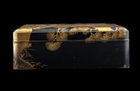 A Large Japanese Mother-of-Pearl Inlaid Gold and Black Lacquer Stationary Box and Cover, Bunko, Meiji Period 日本明治時代 蒔繪嵌螺鈿孔雀圖文箱