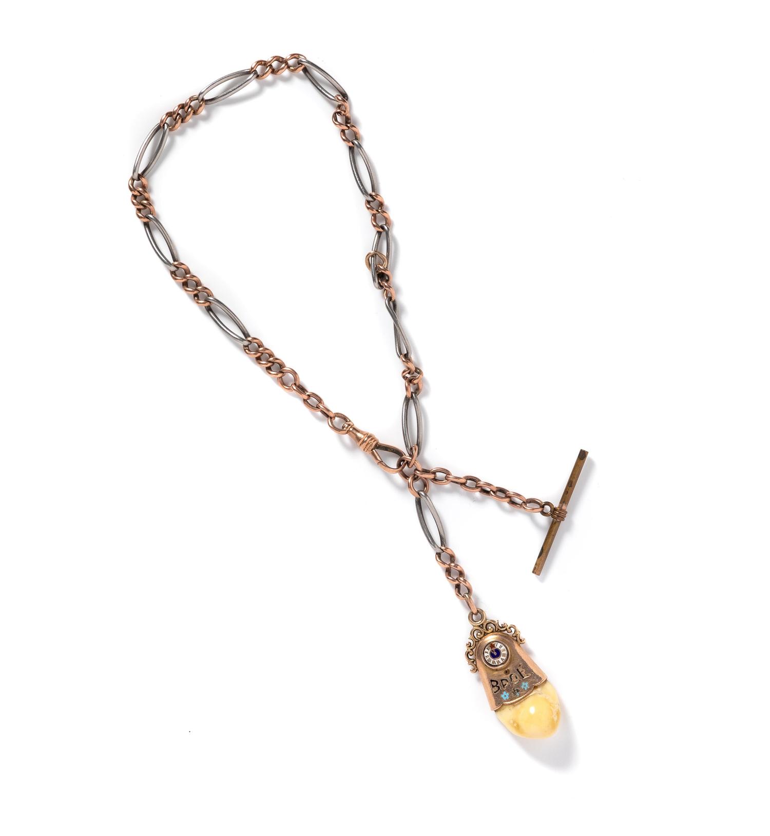 A 14 Karat Rose Gold, Platinum, Enamel and Tooth Fob Chain,