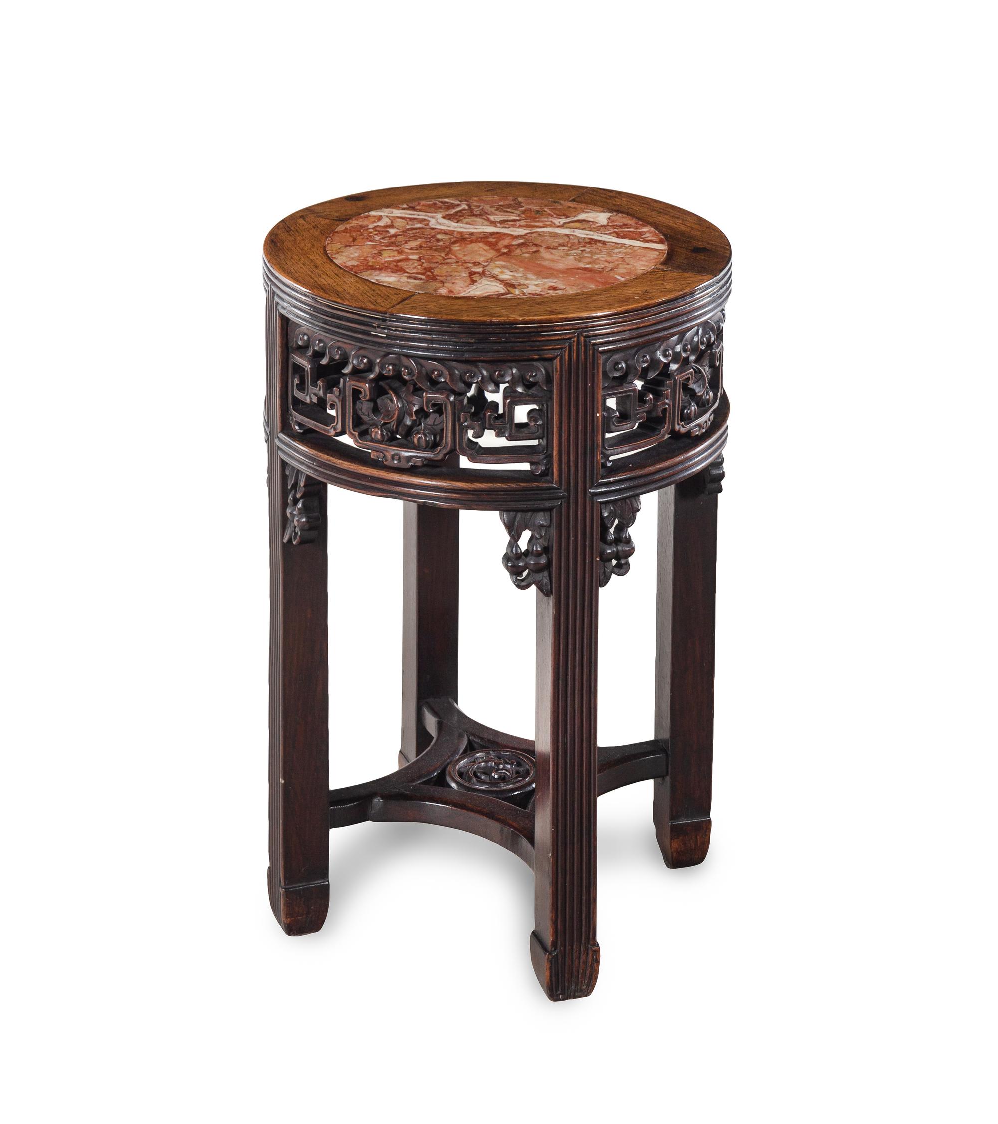 Two Sets of Chinese Hardwood Nesting Tables, together with a Chinese Export Marble Inset Hardwood Table